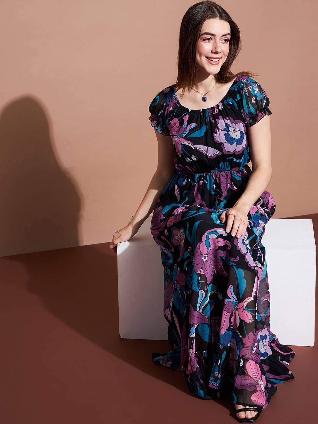 JASH CREATION Women Georgette Printed Fit & Flare Dress ( Black )     			JASH CREATION Women Georgette Printed Fit & Flare Dress ( Black )