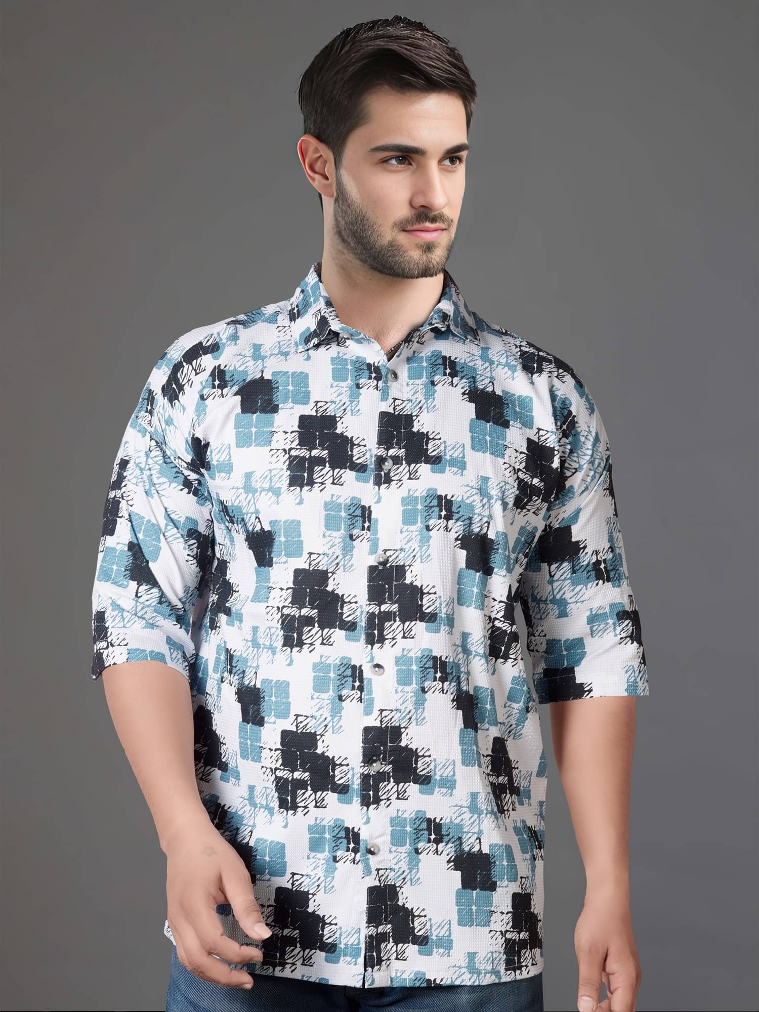 JB JUST BLACK Cotton Blend Oversized Fit Printed 3/4th Sleeves Men's Casual Shirt - Blue ( Pack of 1 ) JB JUST BLACK Cotton Blend Oversized Fit Printed 3/4th Sleeves Men's Casual Shirt - Blue ( Pack of 1 )