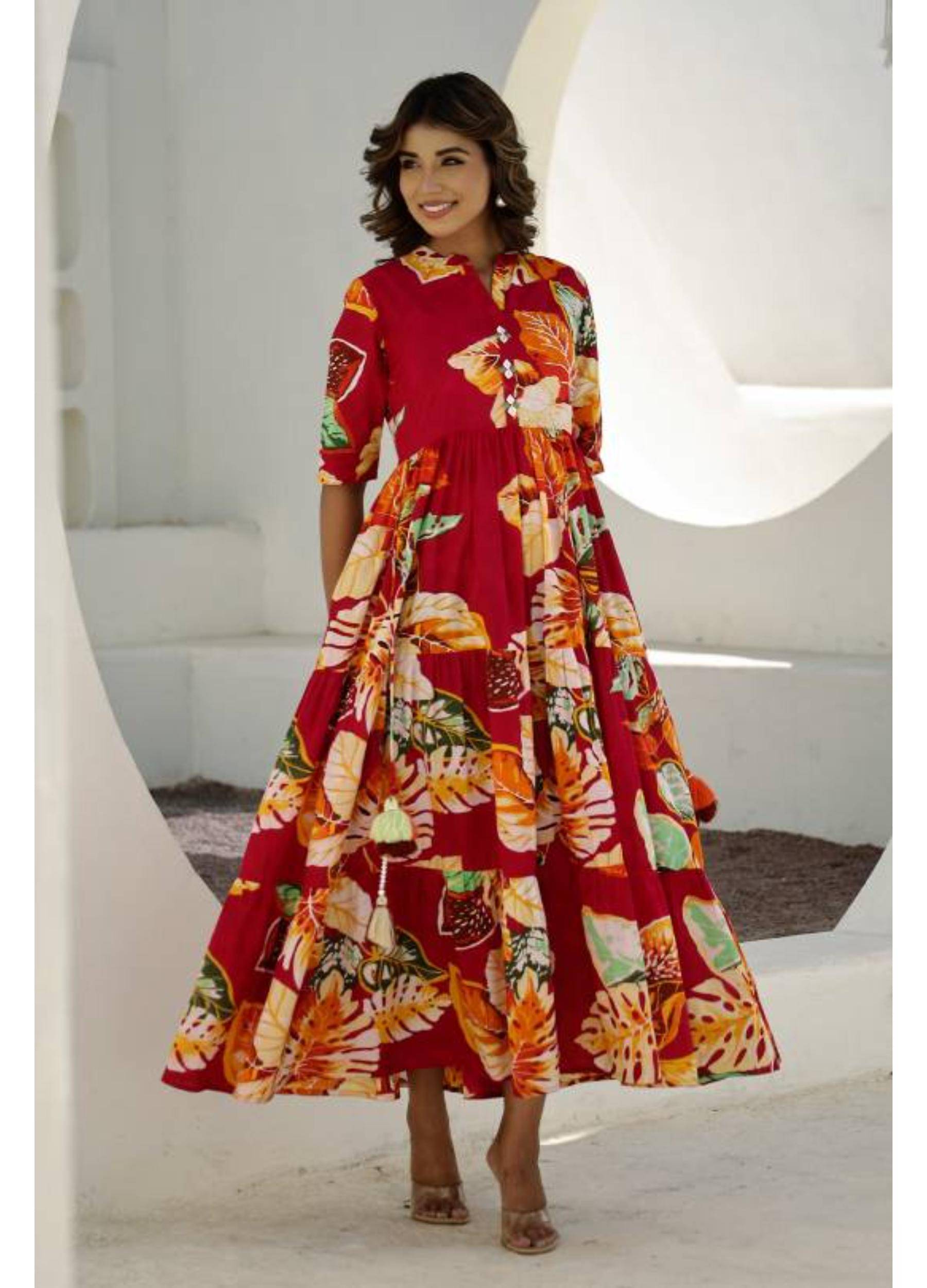    			Label Flavia Women Cotton Printed Gown ( Red )