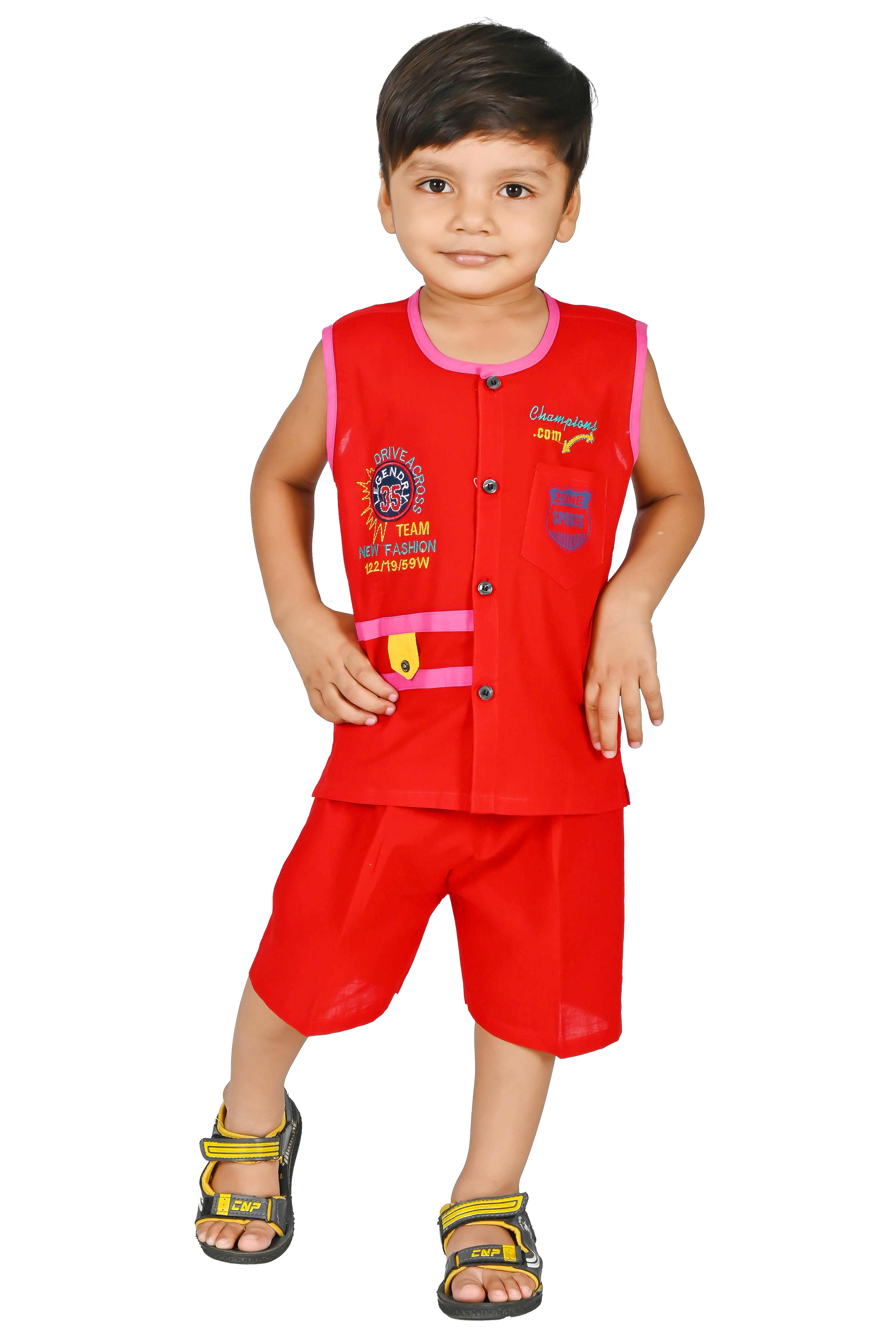     			MAXZEN Pack of 1 Baby Boys Cotton Blend T-Shirt & Shorts Set ( Red )