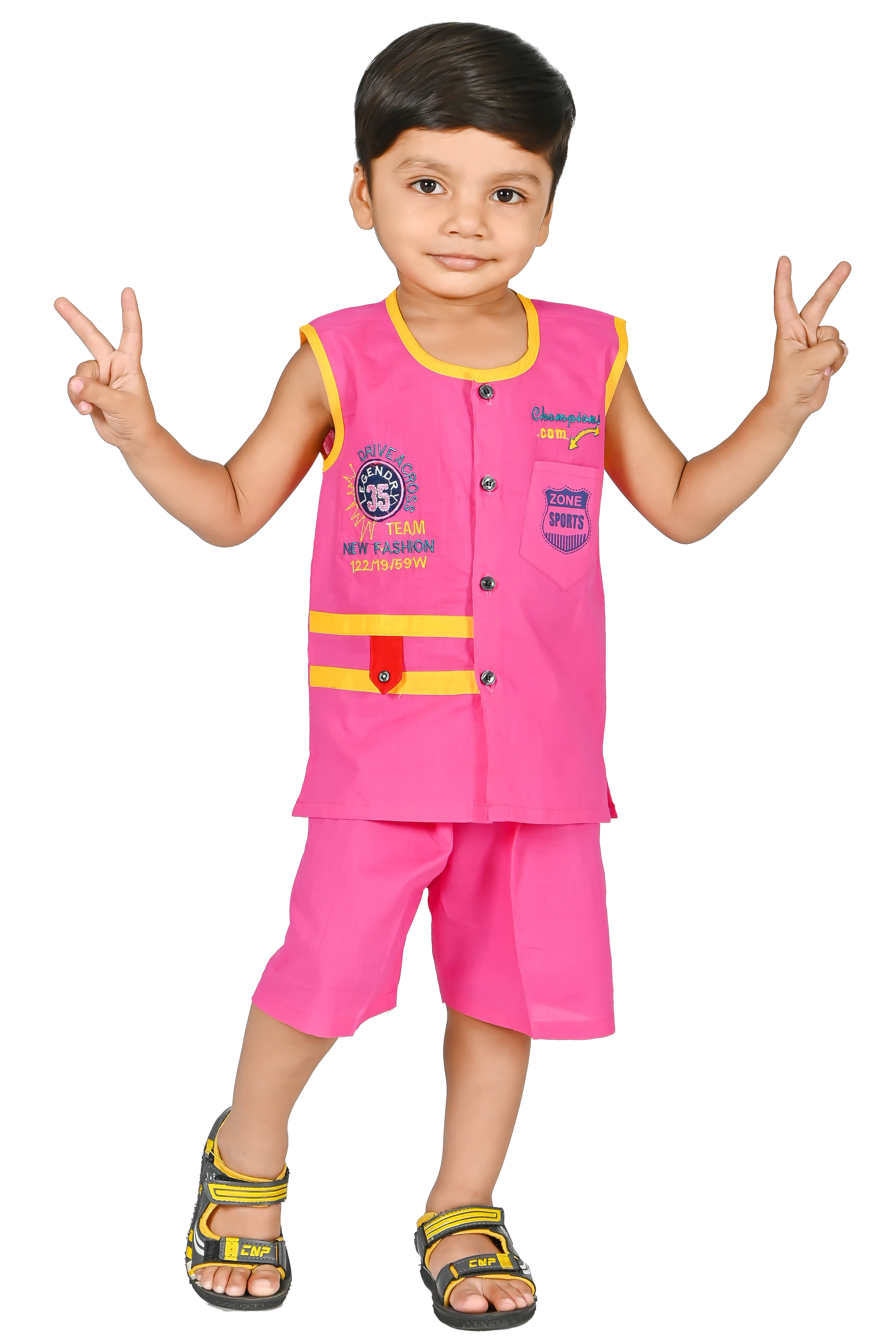 MAXZEN Pack of 1 Boys Cotton Blend T-Shirt & Shorts Set ( Pink )     			MAXZEN Pack of 1 Boys Cotton Blend T-Shirt & Shorts Set ( Pink )
