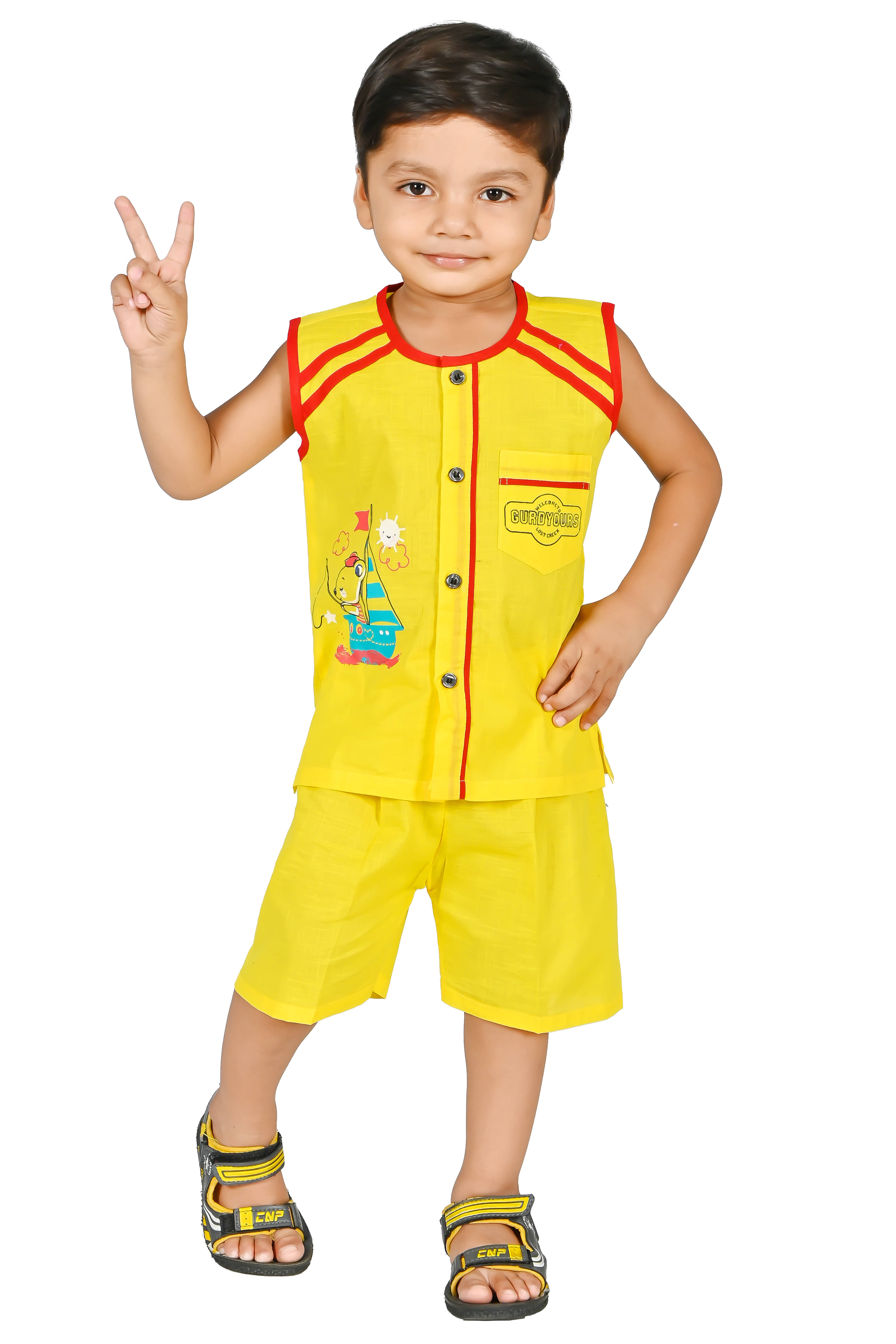 MAXZEN Pack of 1 Boys Cotton Blend T-Shirt & Shorts Set ( Yellow )     			MAXZEN Pack of 1 Boys Cotton Blend T-Shirt & Shorts Set ( Yellow )