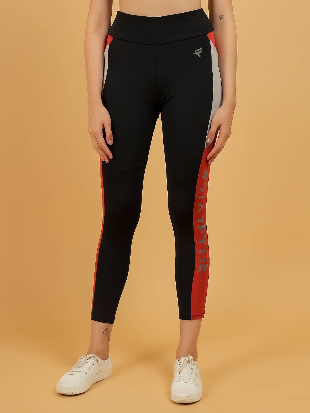     			N-Gal Black Polyester Lycra Color Blocking Tights - Single