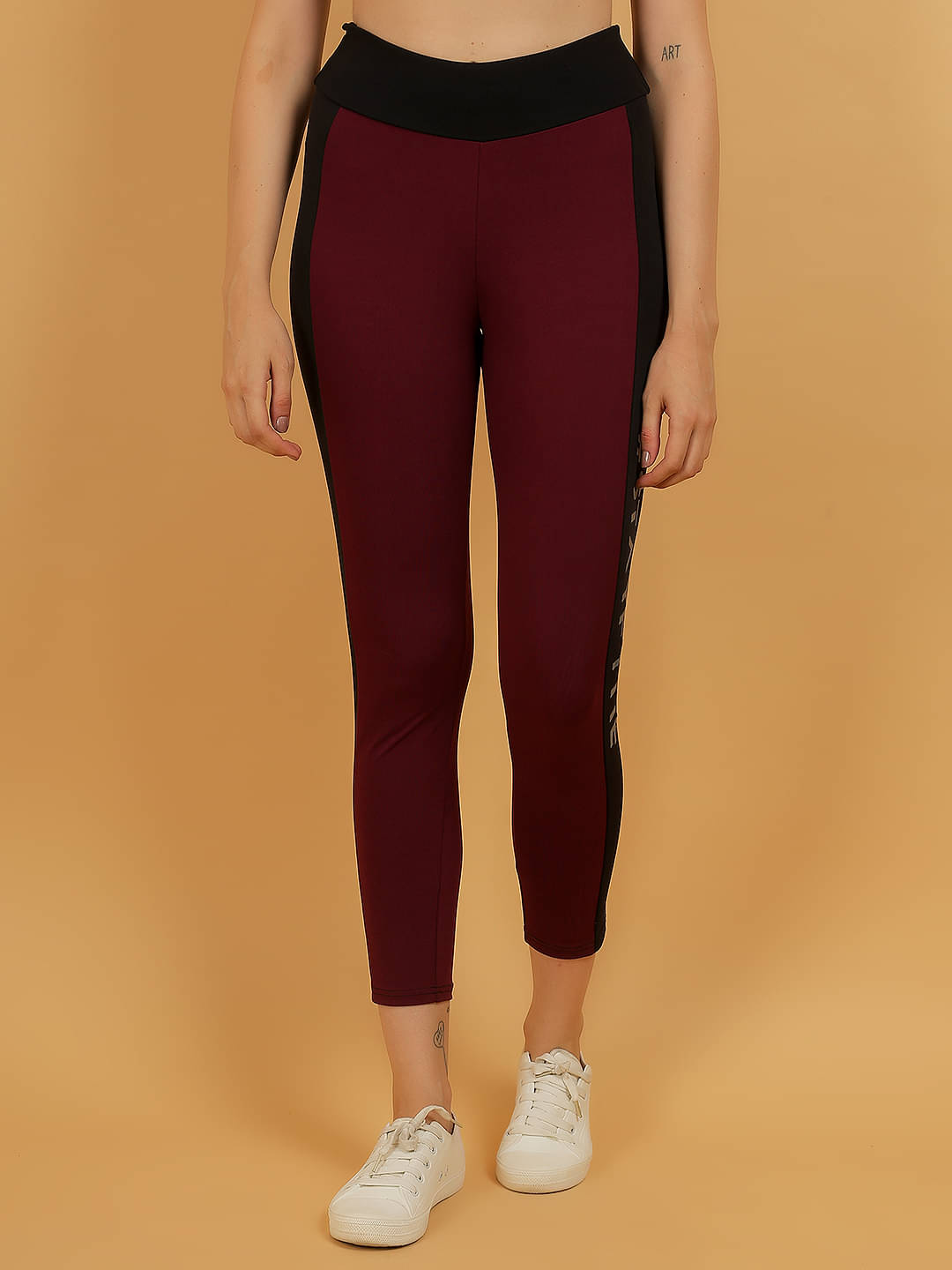     			N-Gal Wine Polyester Lycra Color Blocking Tights - Single