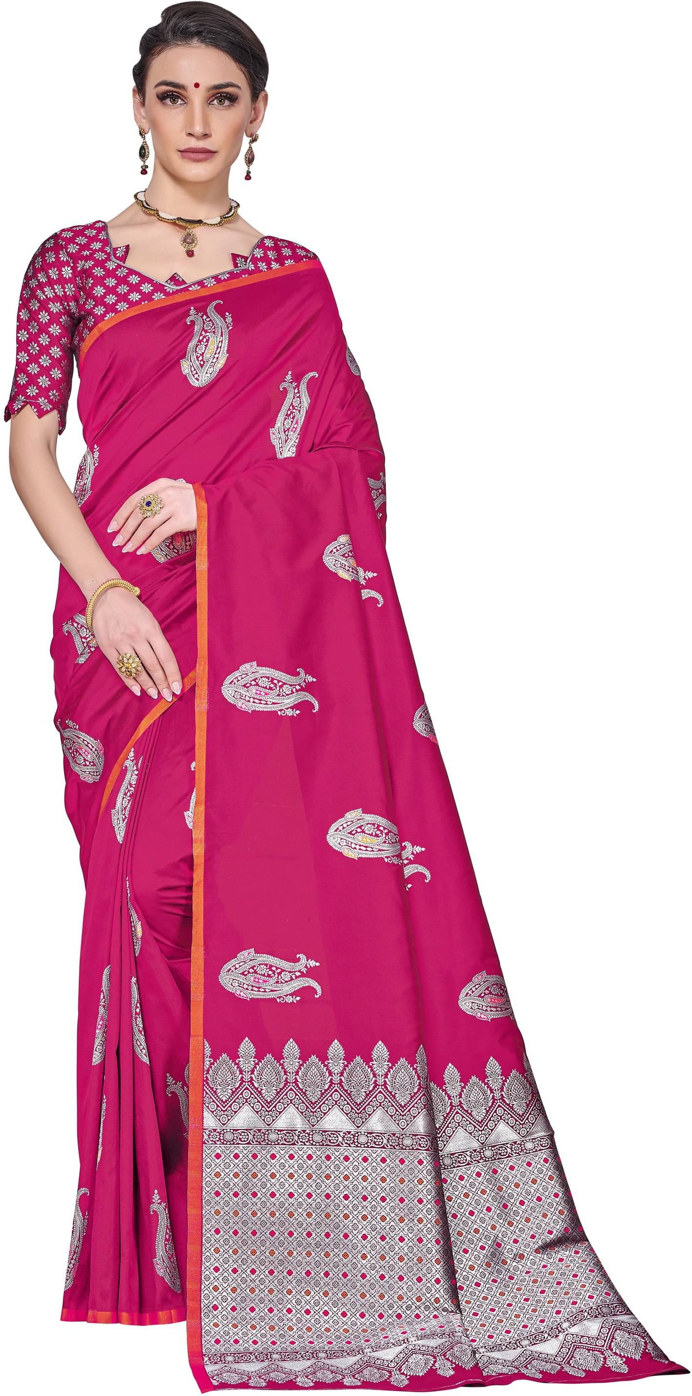 Sariya Jacquard Embellished Saree With Unstitched Blouse Piece ( Pink ) Sariya Jacquard Embellished Saree With Unstitched Blouse Piece ( Pink )