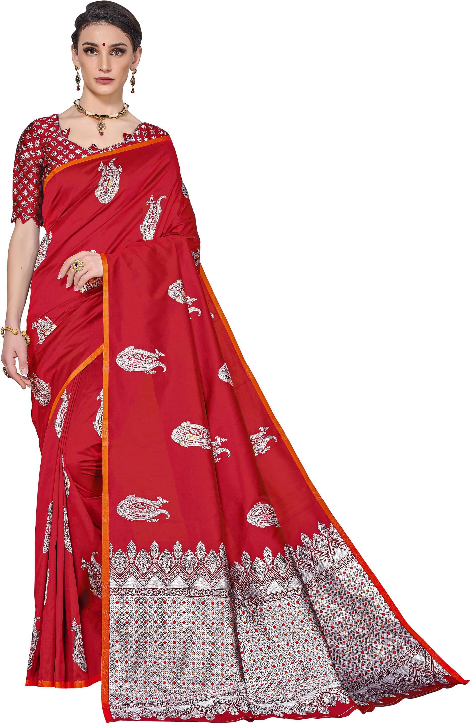 Sariya Jacquard Embellished Saree With Unstitched Blouse Piece ( Red ) Sariya Jacquard Embellished Saree With Unstitched Blouse Piece ( Red )