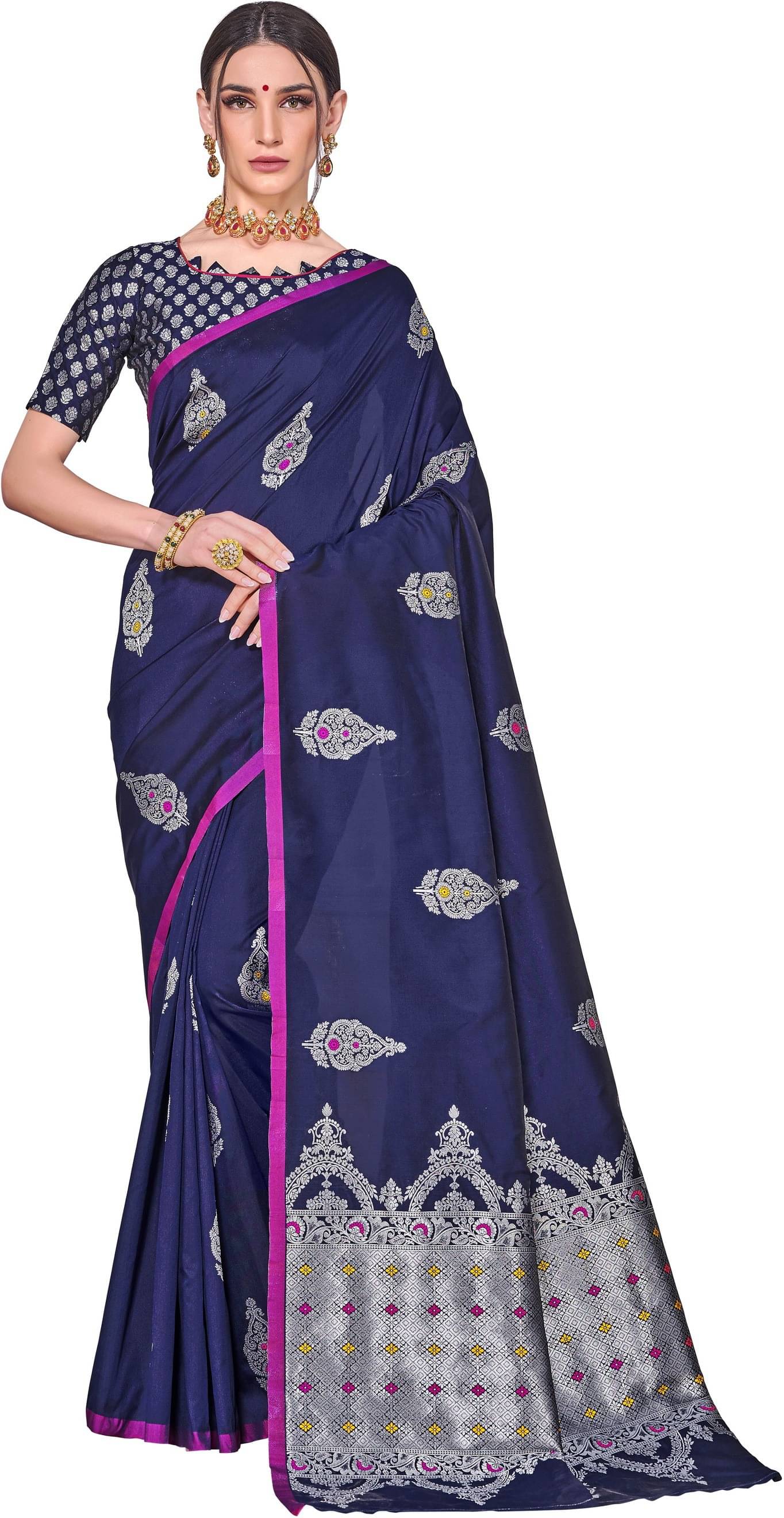     			Sariya Jacquard Embellished Saree With Unstitched Blouse Piece ( Navy Blue )