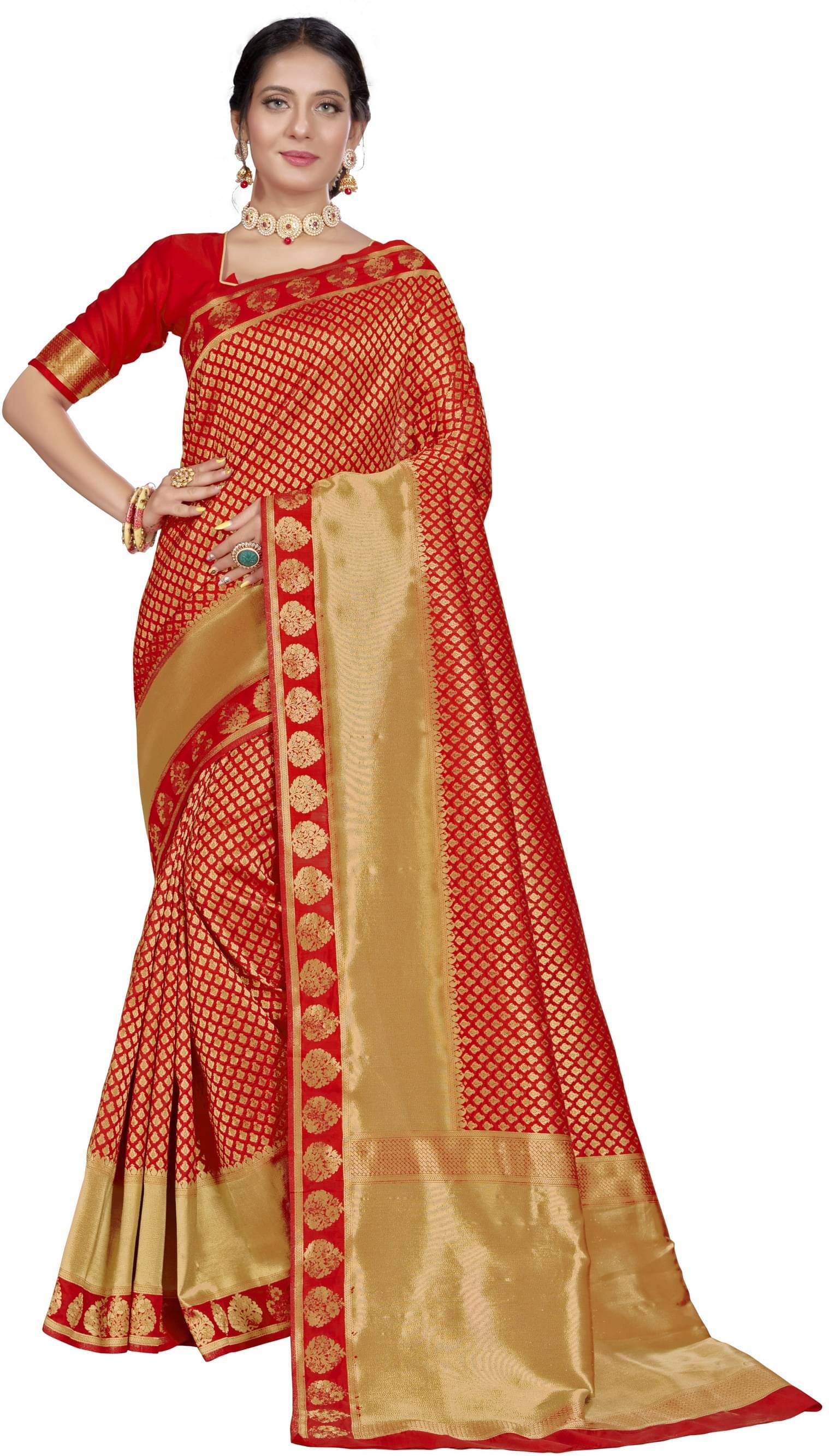     			Sariya Jacquard Embellished Saree With Unstitched Blouse Piece ( Red )