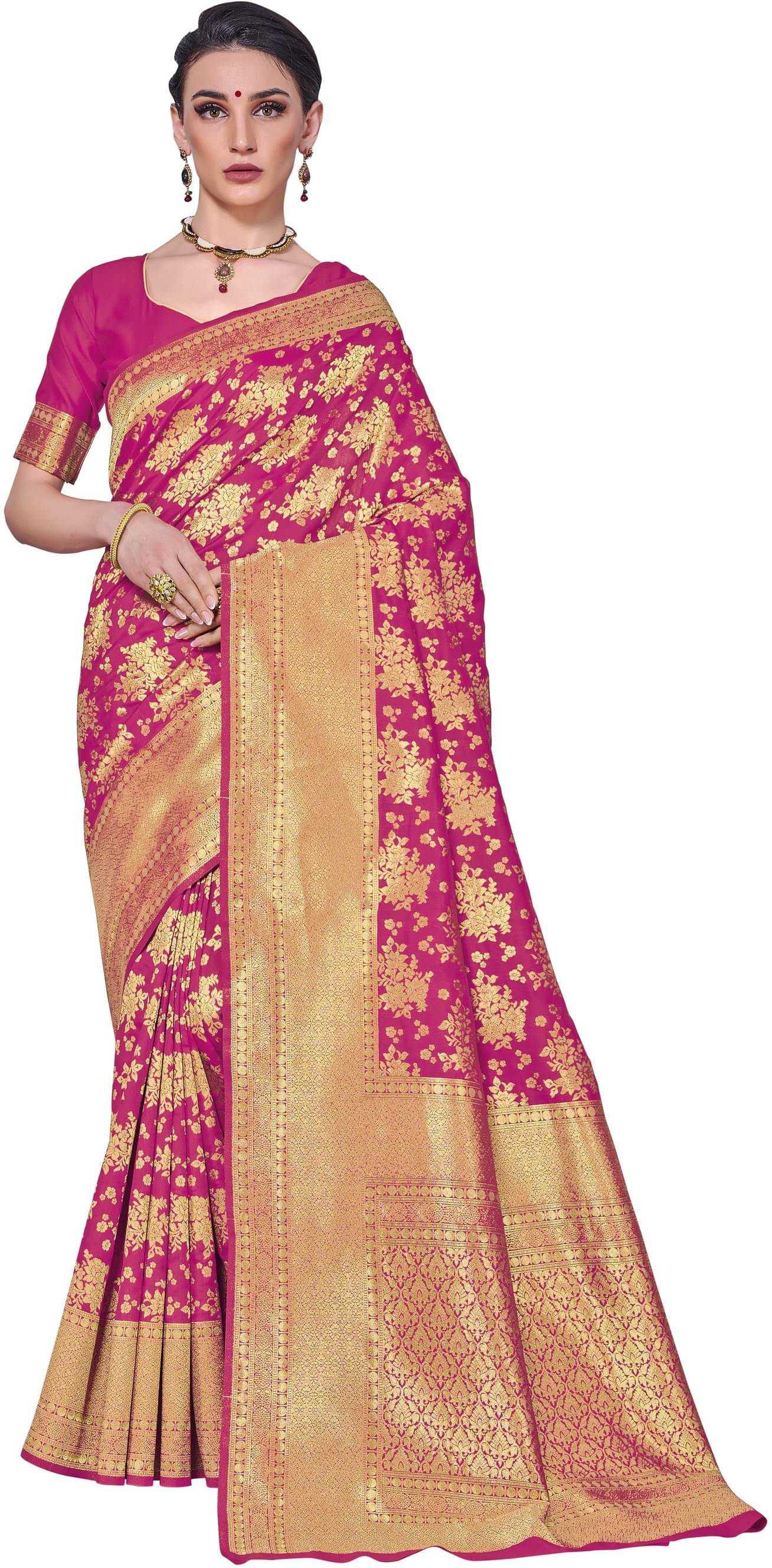 Sariya Jacquard Embellished Saree With Unstitched Blouse Piece ( Pink ) Sariya Jacquard Embellished Saree With Unstitched Blouse Piece ( Pink )