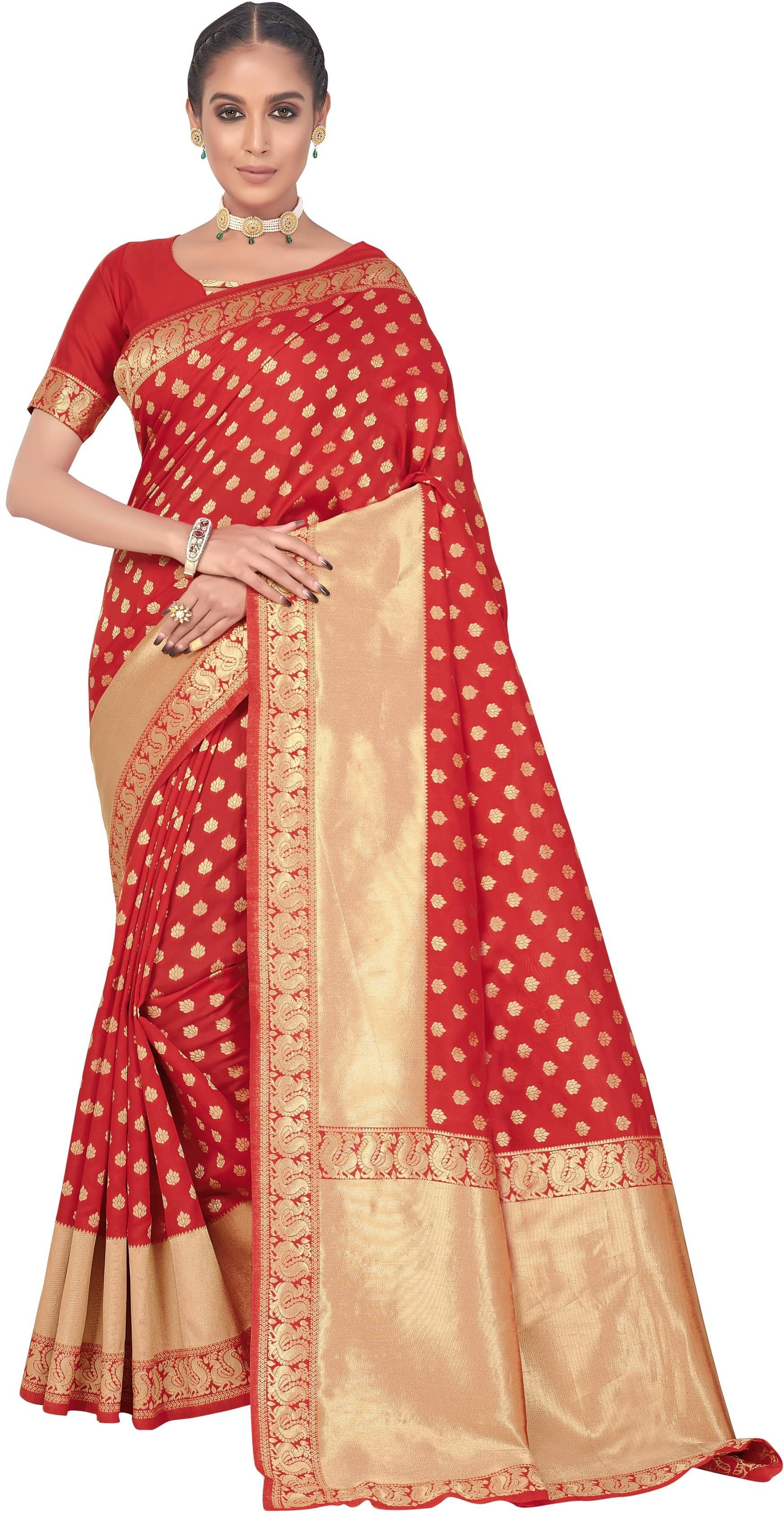 Sariya Jacquard Embellished Saree With Unstitched Blouse Piece ( Red ) Sariya Jacquard Embellished Saree With Unstitched Blouse Piece ( Red )