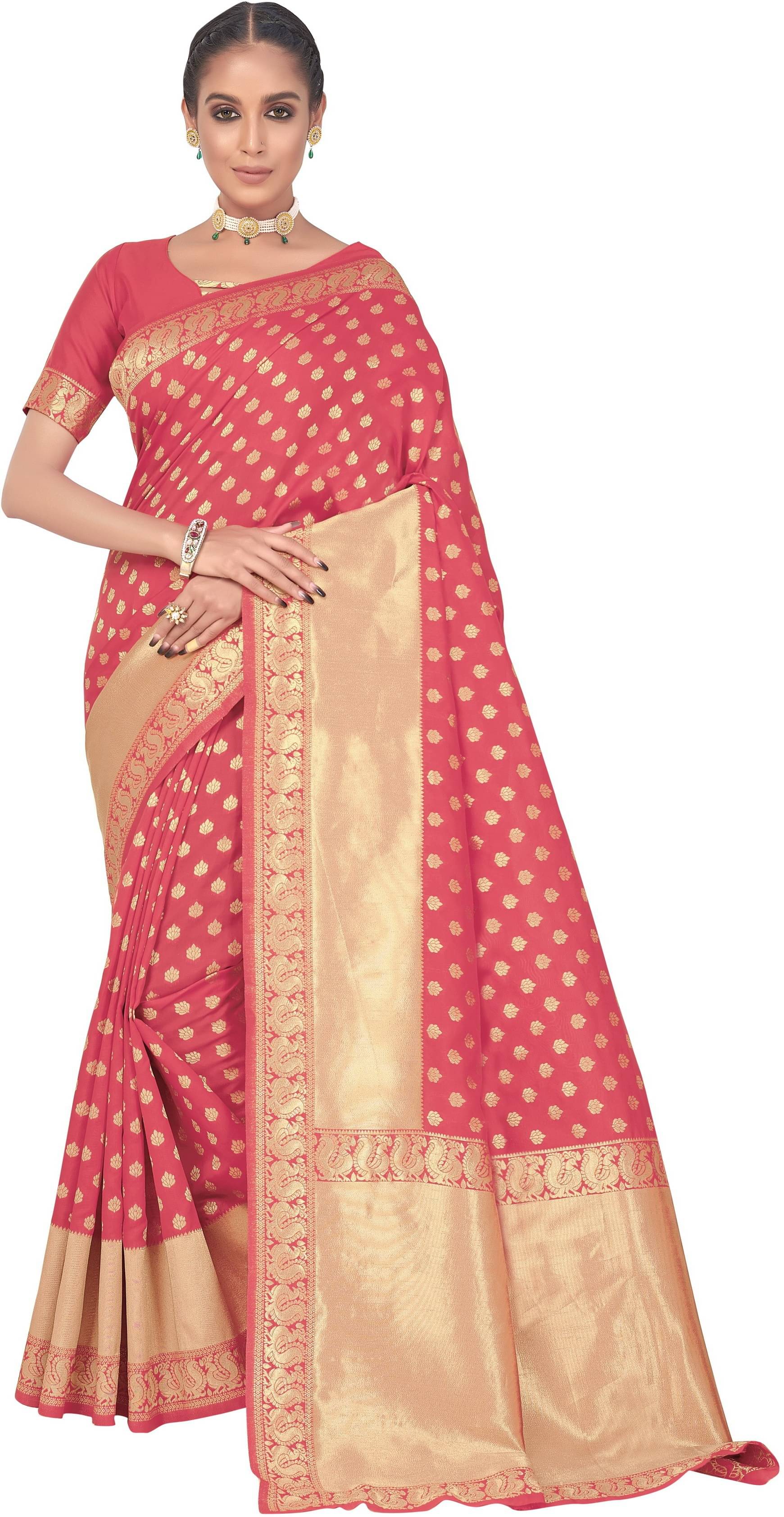     			Sariya Jacquard Embellished Saree With Unstitched Blouse Piece ( Pink )