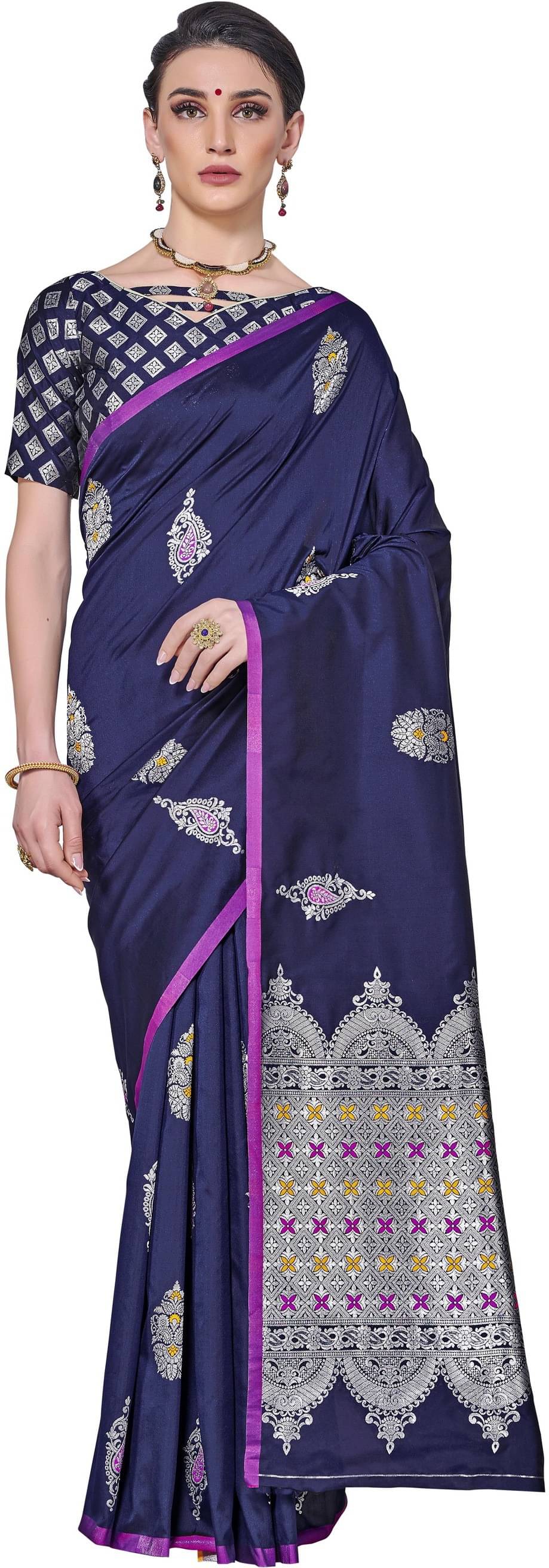     			Sariya Jacquard Embellished Saree With Unstitched Blouse Piece ( Blue )