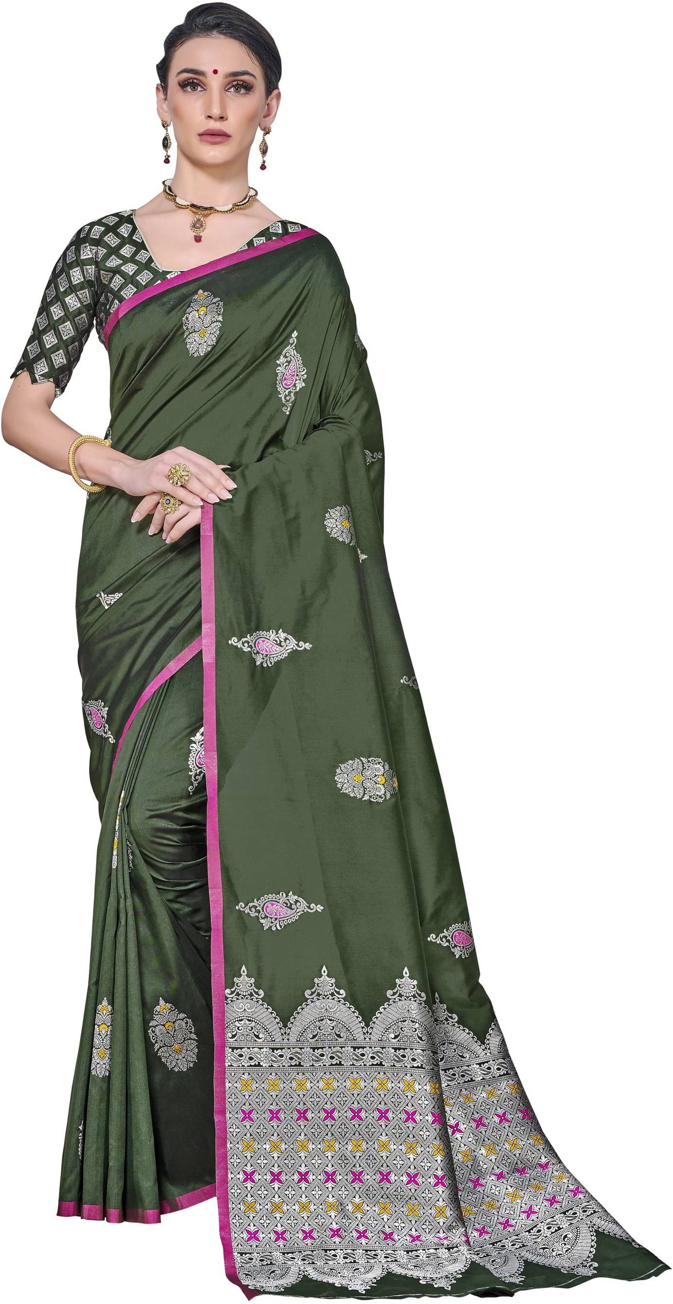 Sariya Jacquard Embellished Saree With Unstitched Blouse Piece ( Green ) Sariya Jacquard Embellished Saree With Unstitched Blouse Piece ( Green )