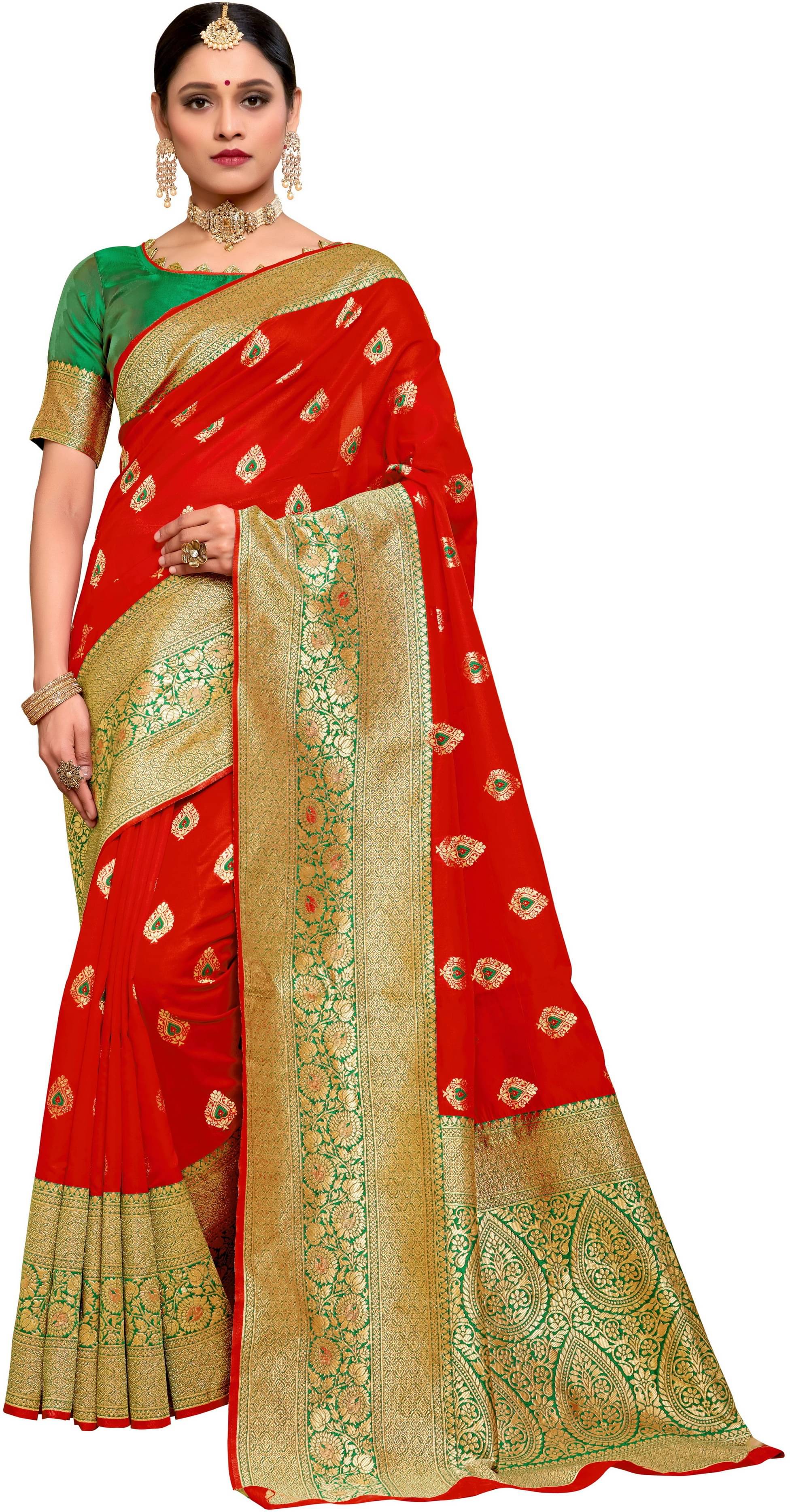 Sariya Jacquard Embellished Saree With Unstitched Blouse Piece ( Red ) Sariya Jacquard Embellished Saree With Unstitched Blouse Piece ( Red )