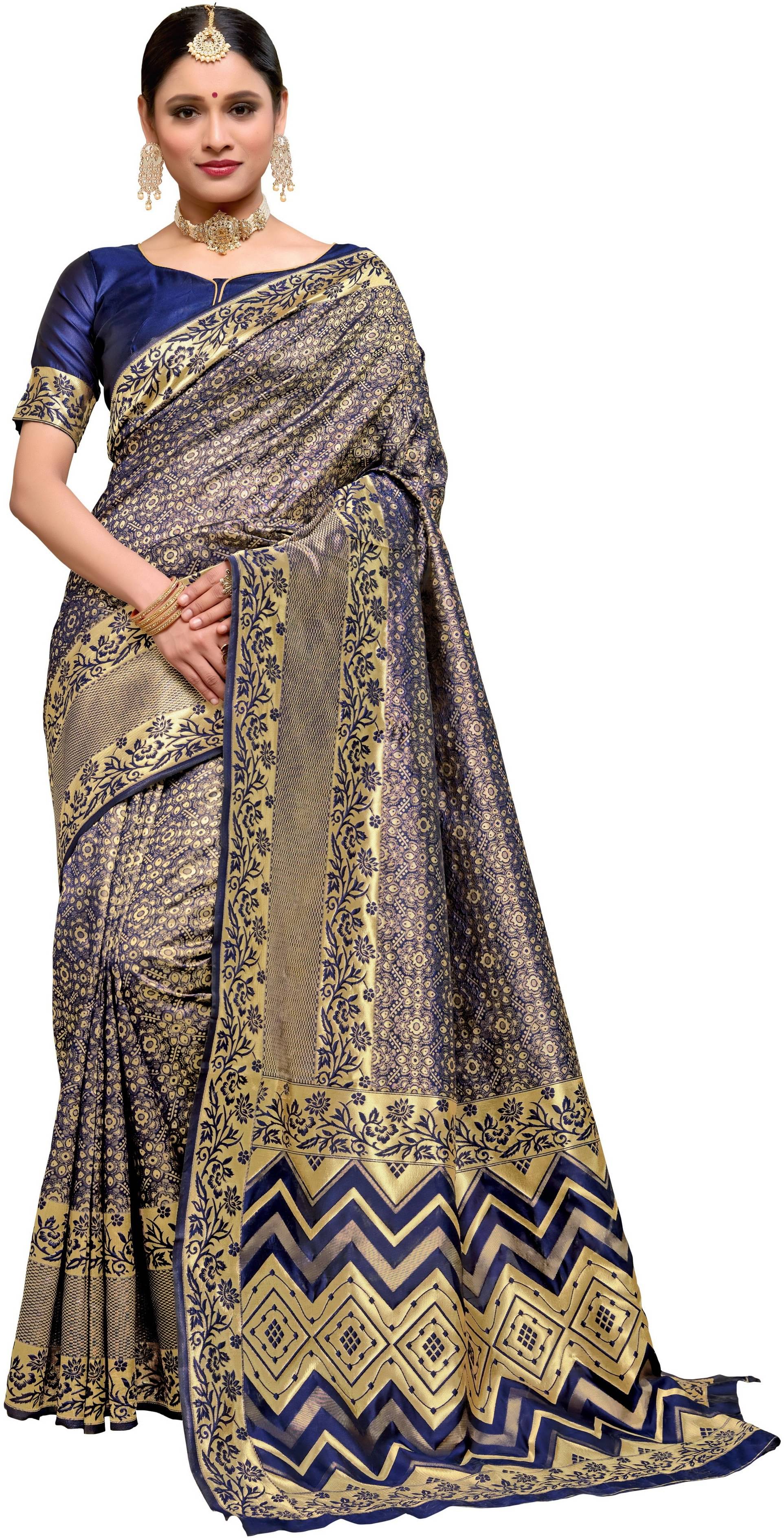    			Sariya Jacquard Embellished Saree With Unstitched Blouse Piece ( Navy Blue )