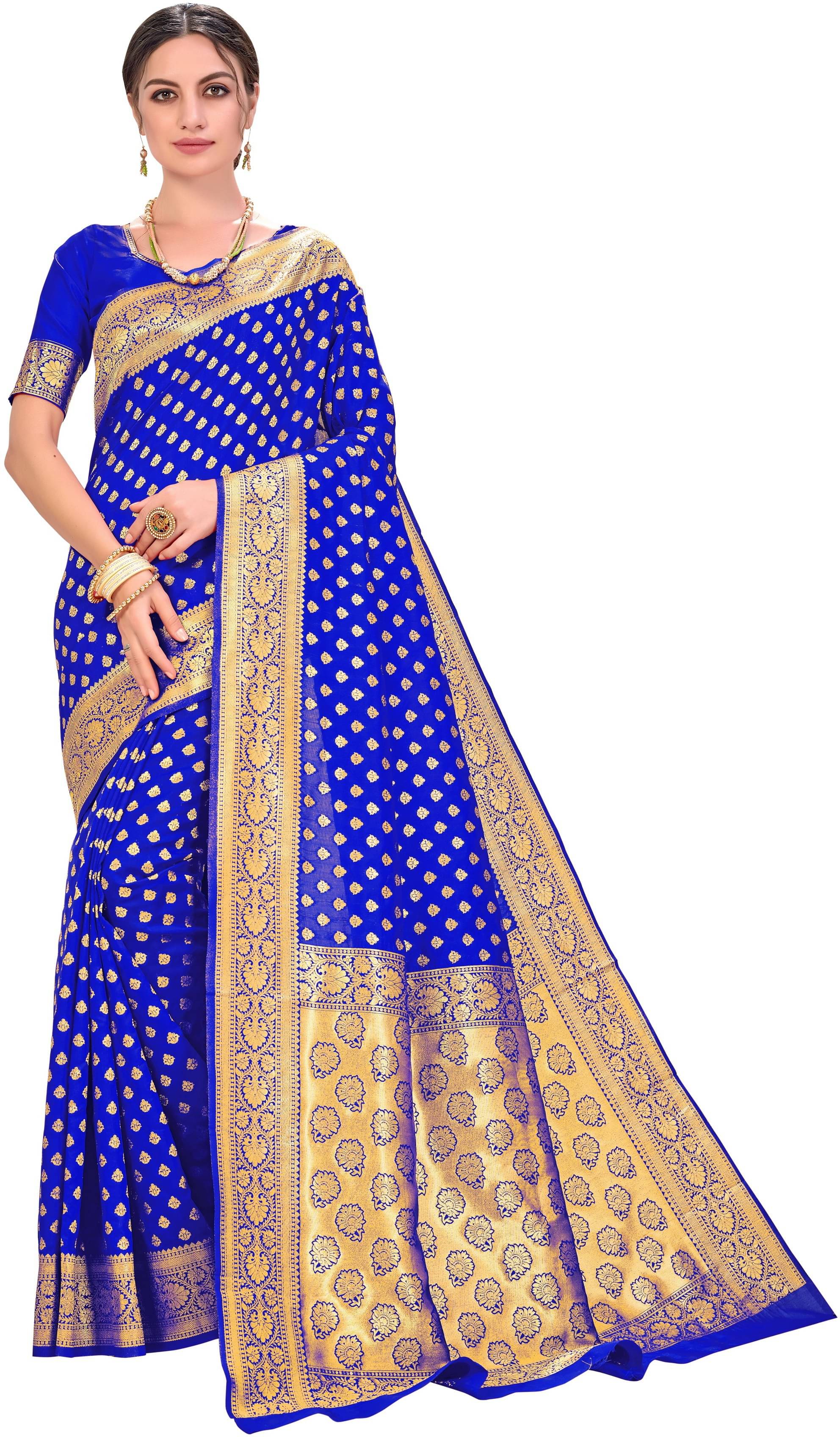 Sariya Jacquard Embellished Saree With Unstitched Blouse Piece ( Blue ) Sariya Jacquard Embellished Saree With Unstitched Blouse Piece ( Blue )