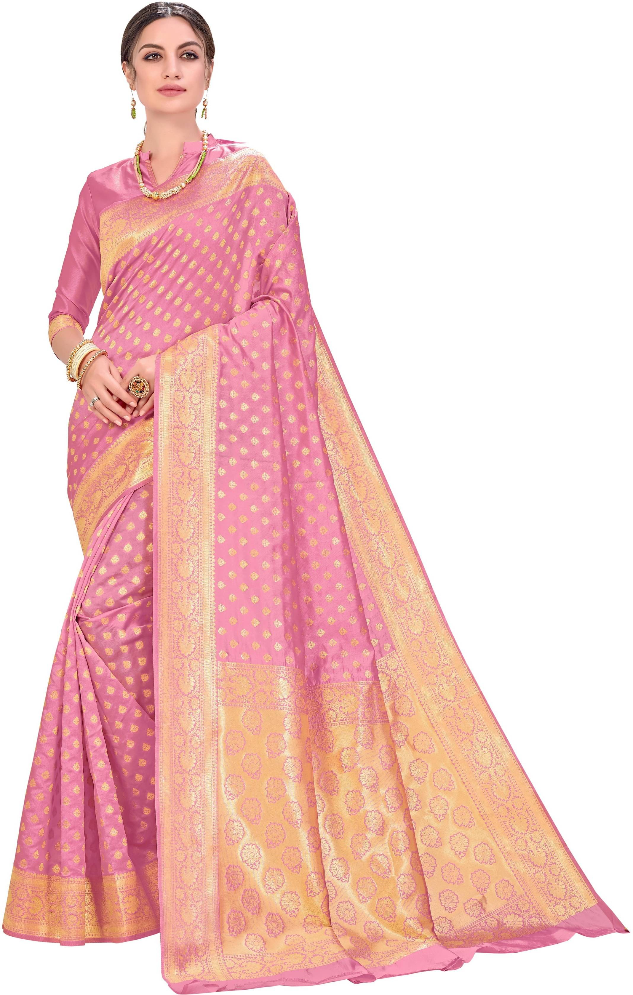     			Sariya Jacquard Embellished Saree With Unstitched Blouse Piece ( Pink )