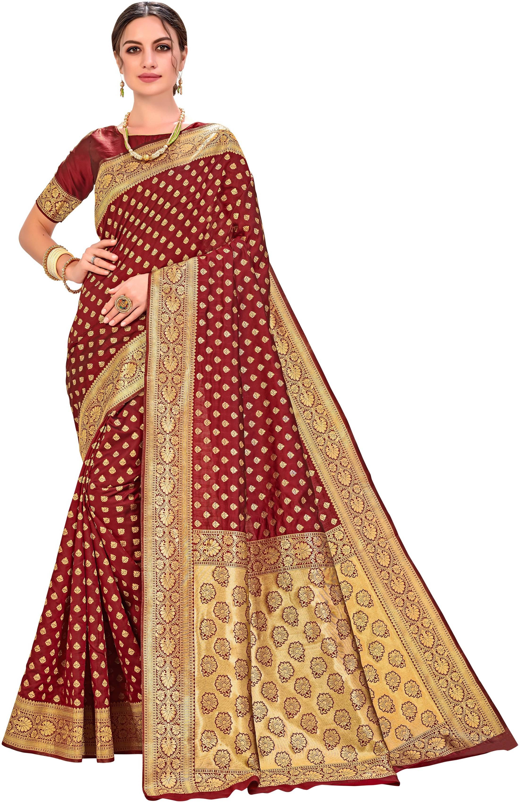 Sariya Jacquard Embellished Saree With Unstitched Blouse Piece ( Maroon ) Sariya Jacquard Embellished Saree With Unstitched Blouse Piece ( Maroon )