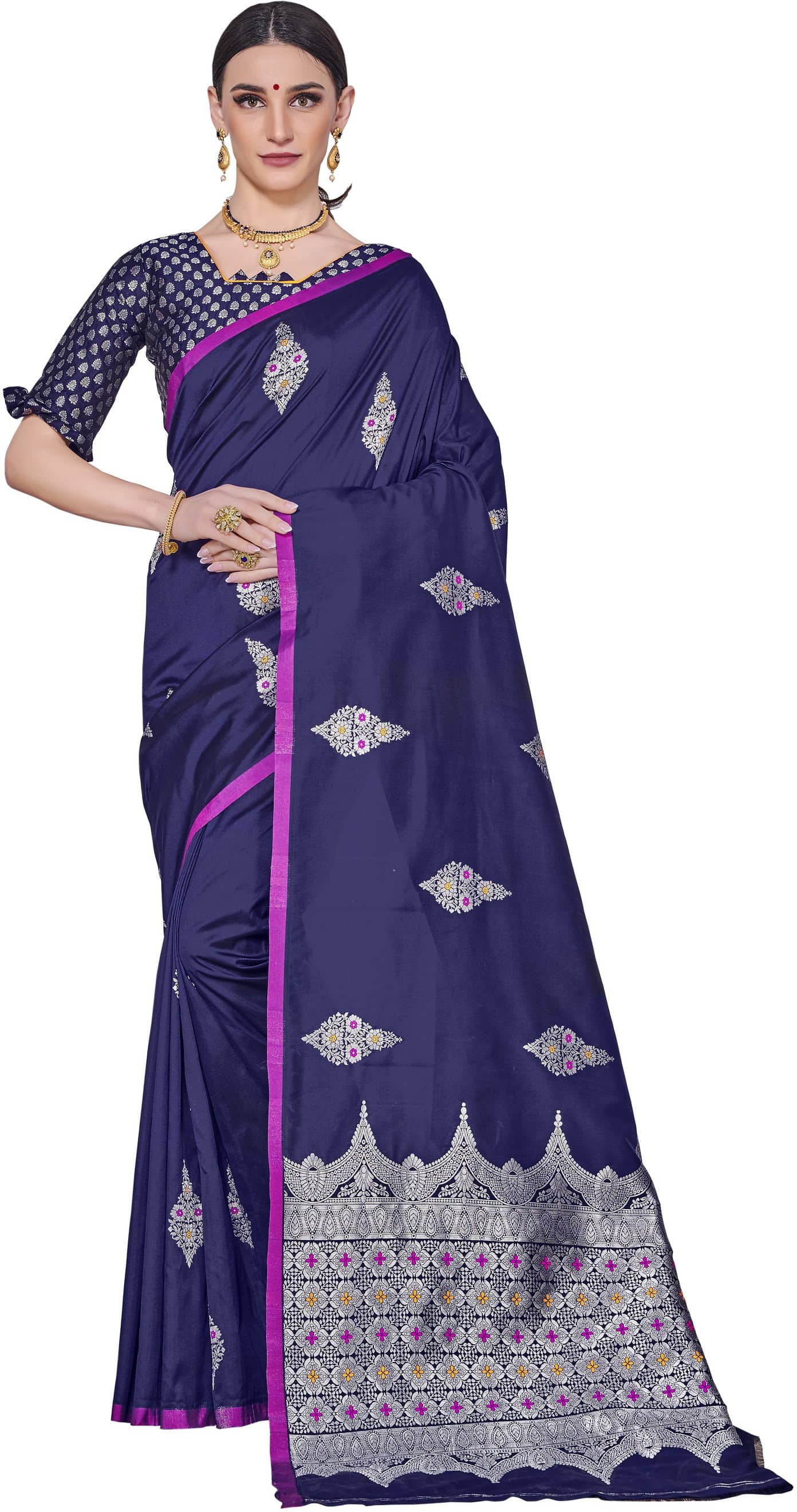 Sariya Jacquard Embellished Saree With Unstitched Blouse Piece ( Navy Blue ) - Sarees | Buy online on ZillyBuy