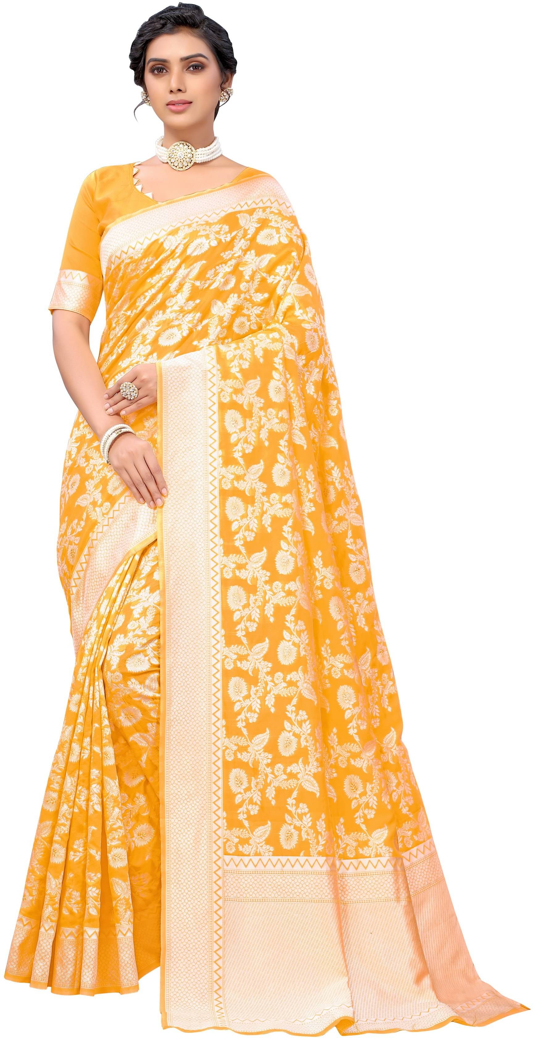     			Sariya Silk Blend Printed Saree With Unstitched Blouse Piece ( Yellow )