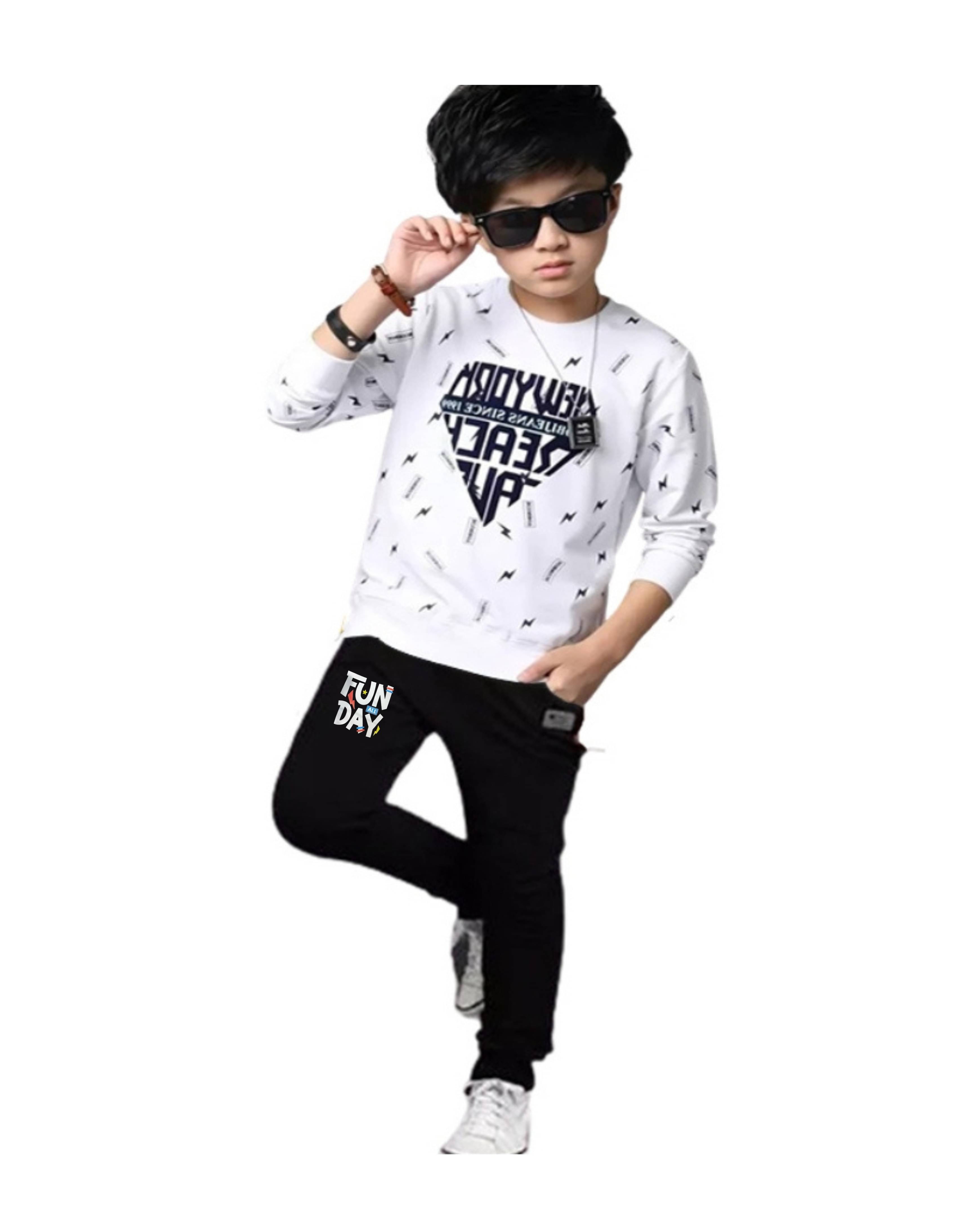     			TICOSS Pack of 1 Boys Cotton Blend T-Shirt & Trackpants Set ( White )