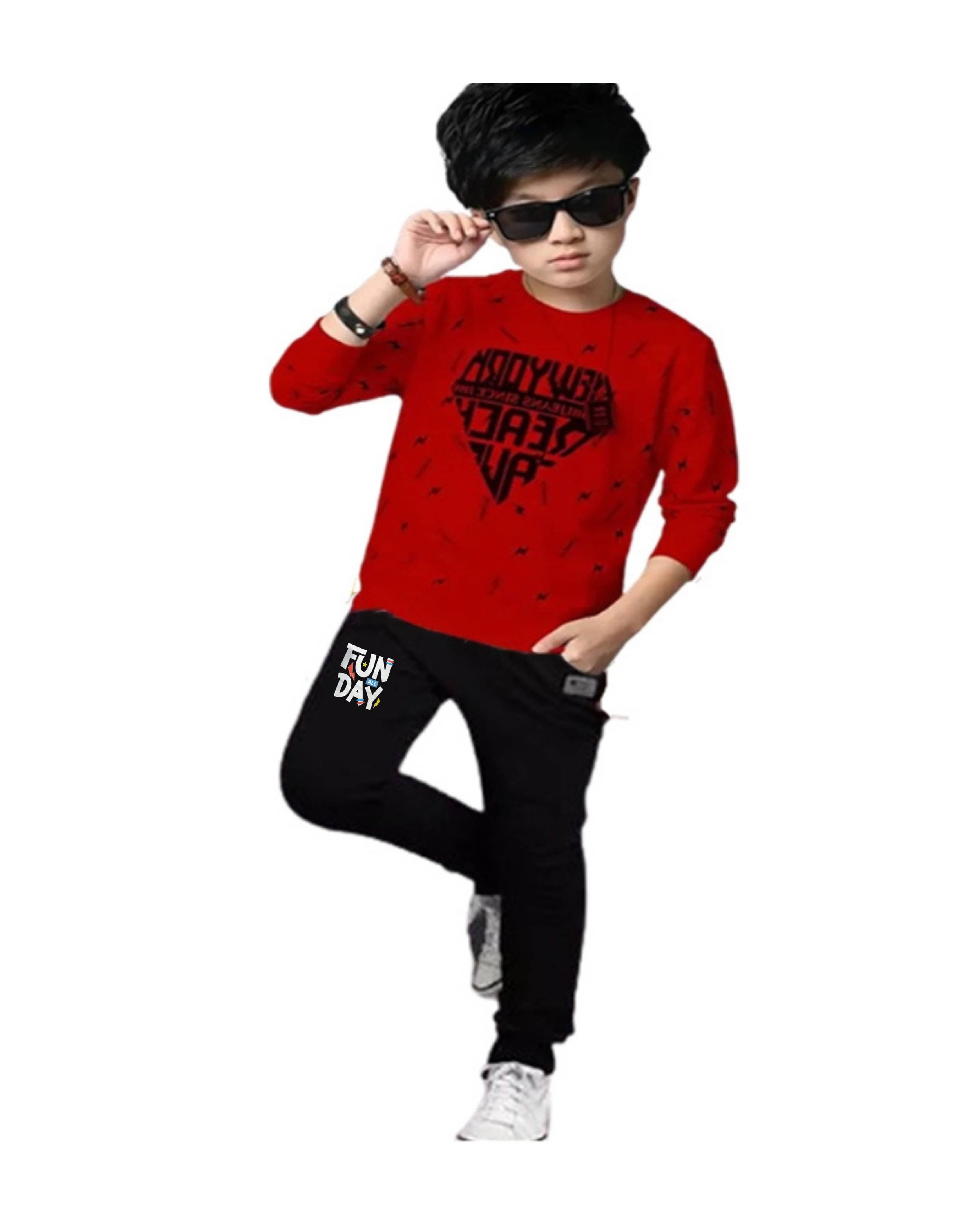 TICOSS Pack of 1 Boys Cotton Blend T-Shirt & Trackpants Set ( Red )     			TICOSS Pack of 1 Boys Cotton Blend T-Shirt & Trackpants Set ( Red )