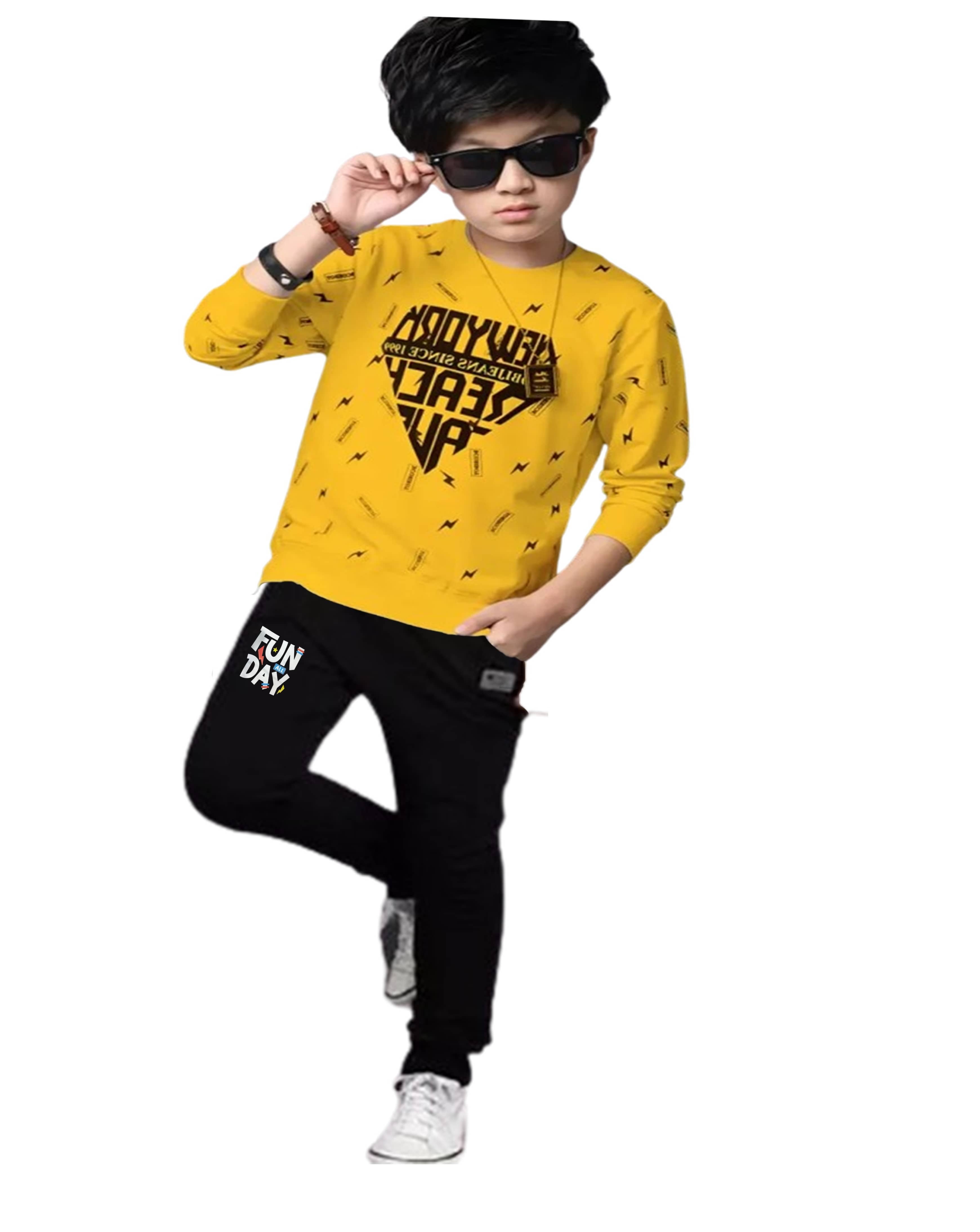 TICOSS Pack of 1 Boys Cotton Blend T-Shirt & Trackpants Set ( Mustard )