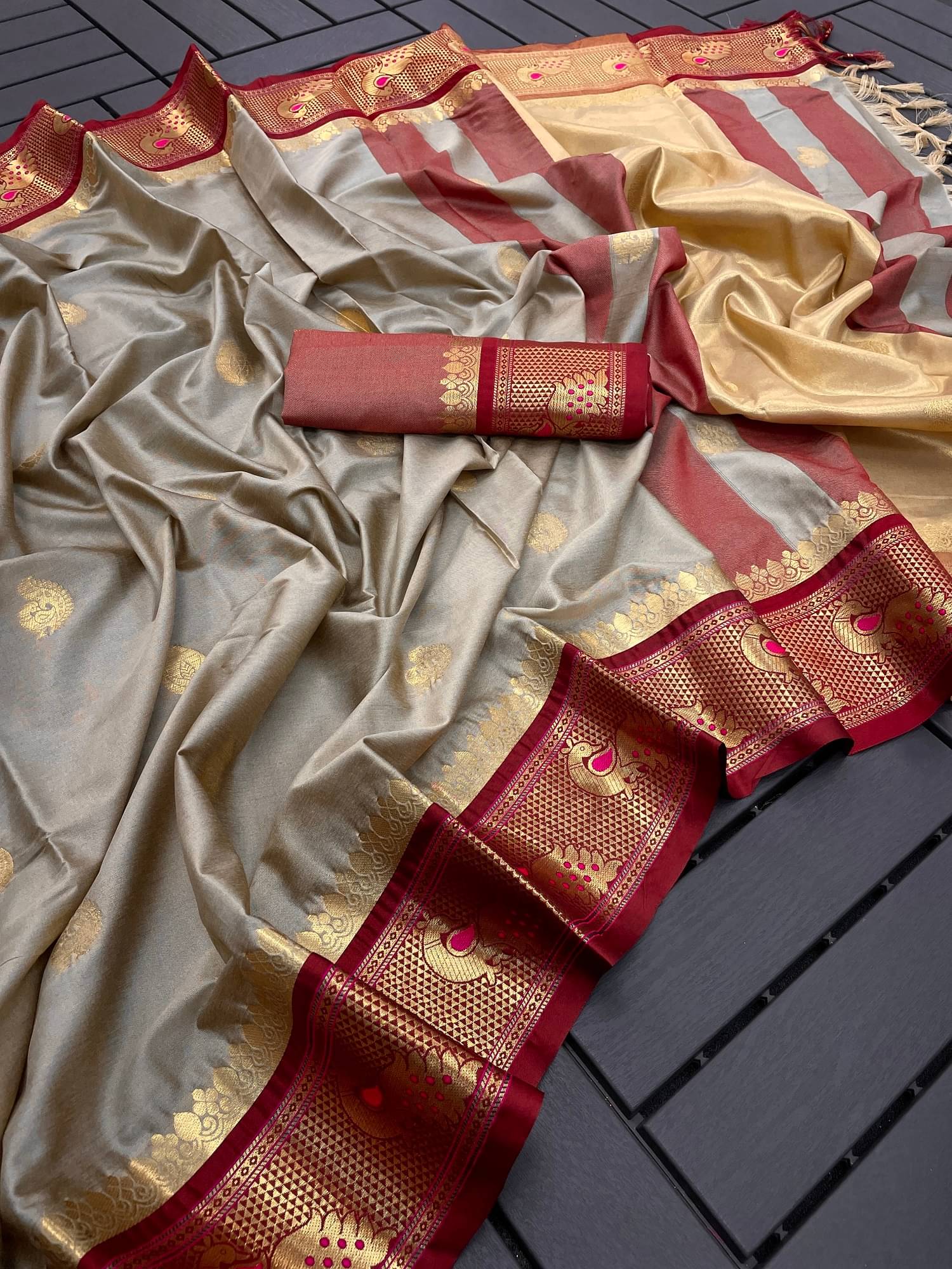 VEERAIVA Cotton Silk Self Design Saree With Unstitched Blouse Piece ( Beige )     			VEERAIVA Cotton Silk Self Design Saree With Unstitched Blouse Piece ( Beige )