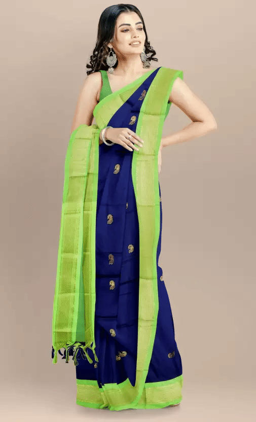     			VEERAIVA Cotton Silk Embellished Saree With Unstitched Blouse Piece ( Navy Blue,Light Green )