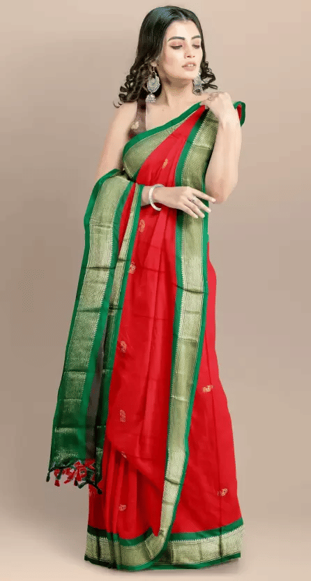 VEERAIVA Cotton Silk Embellished Saree With Unstitched Blouse Piece ( Red,Green ) VEERAIVA Cotton Silk Embellished Saree With Unstitched Blouse Piece ( Red,Green )