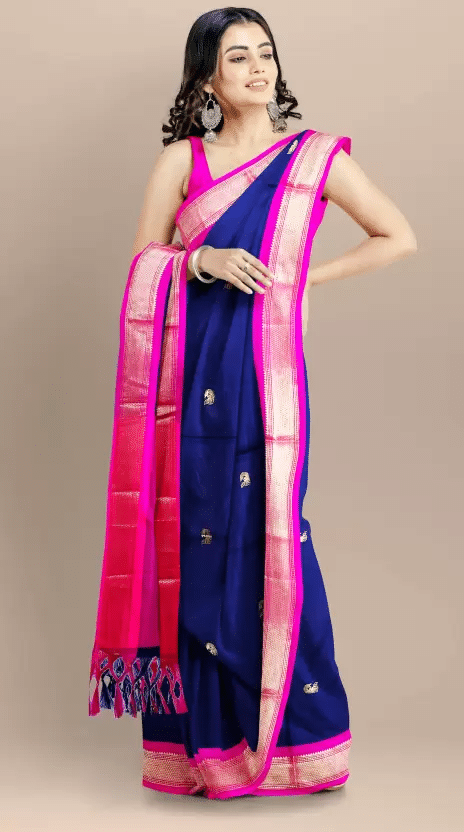     			VEERAIVA Cotton Silk Embellished Saree With Unstitched Blouse Piece ( Navy Blue,Pink )