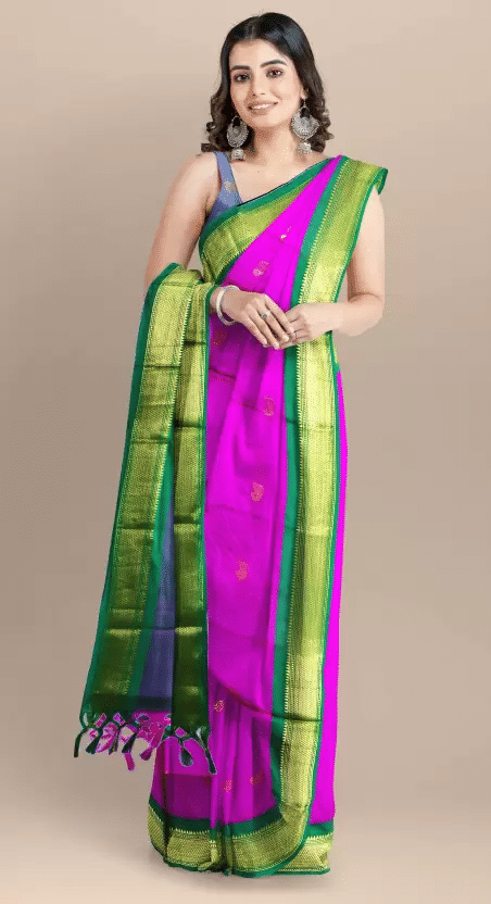     			VEERAIVA Cotton Silk Embellished Saree With Unstitched Blouse Piece ( Purple,Green )