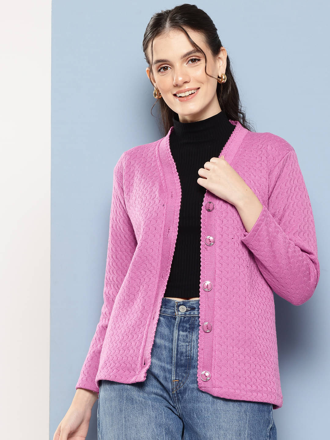     			Aarika Woollen V Neck Women's Buttoned Cardigans - Pink ( Single )