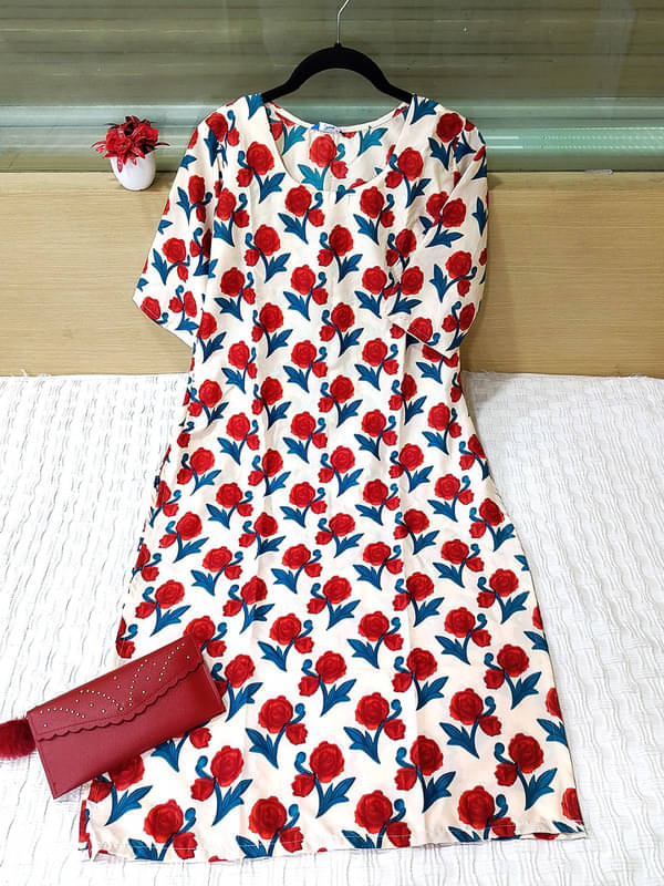 Ethnic Basket Pack of 1 Crepe Printed A-line Women's Kurti - ( Red ) Ethnic Basket Pack of 1 Crepe Printed A-line Women's Kurti - ( Red )