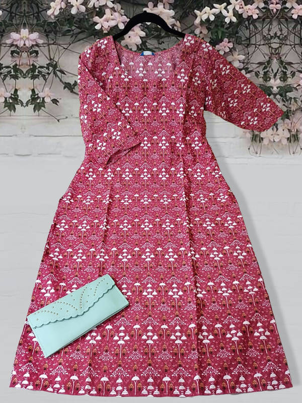 Ethnic Basket Pack of 1 Crepe Printed A-line Women's Kurti - ( Fluorescent Pink )     			Ethnic Basket Pack of 1 Crepe Printed A-line Women's Kurti - ( Fluorescent Pink )