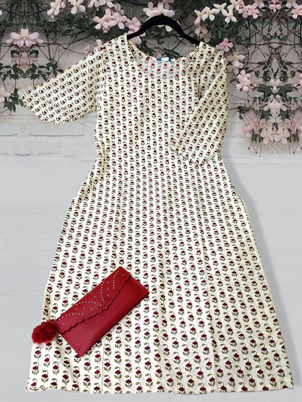 Ethnic Basket Pack of 1 Crepe Printed A-line Women's Kurti - ( off White ) Ethnic Basket Pack of 1 Crepe Printed A-line Women's Kurti - ( off White )