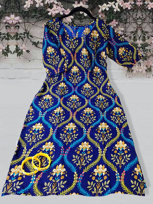 Ethnic Basket Pack of 1 Crepe Printed A-line Women's Kurti - ( Navy Blue ) Ethnic Basket Pack of 1 Crepe Printed A-line Women's Kurti - ( Navy Blue )