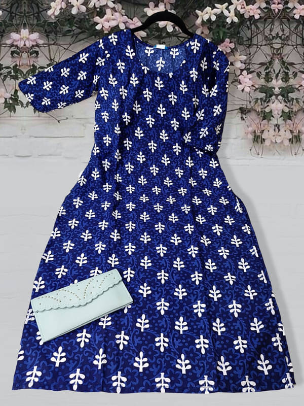Ethnic Basket Pack of 1 Crepe Printed A-line Women's Kurti - ( Navy Blue ) Ethnic Basket Pack of 1 Crepe Printed A-line Women's Kurti - ( Navy Blue )