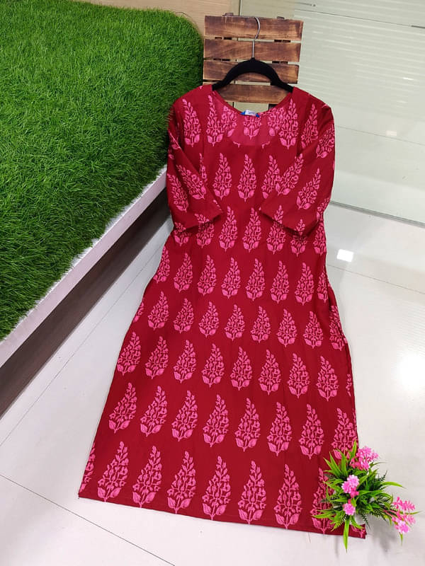 Ethnic Basket Pack of 1 Crepe Printed A-line Women's Kurti - ( Red ) Ethnic Basket Pack of 1 Crepe Printed A-line Women's Kurti - ( Red )