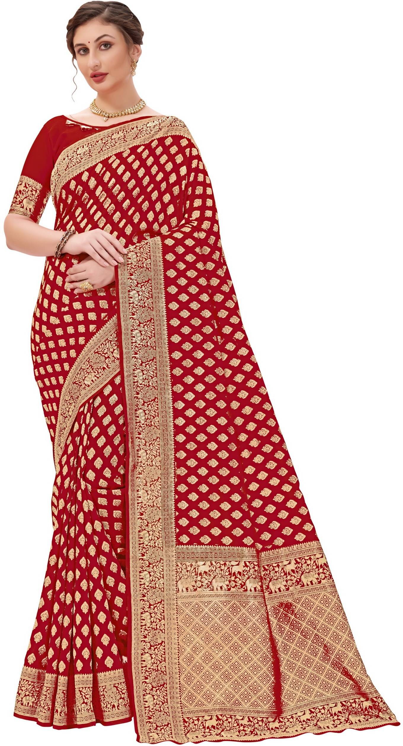 Sariya Jacquard Woven Saree With Unstitched Blouse Piece ( Red ) Sariya Jacquard Woven Saree With Unstitched Blouse Piece ( Red )
