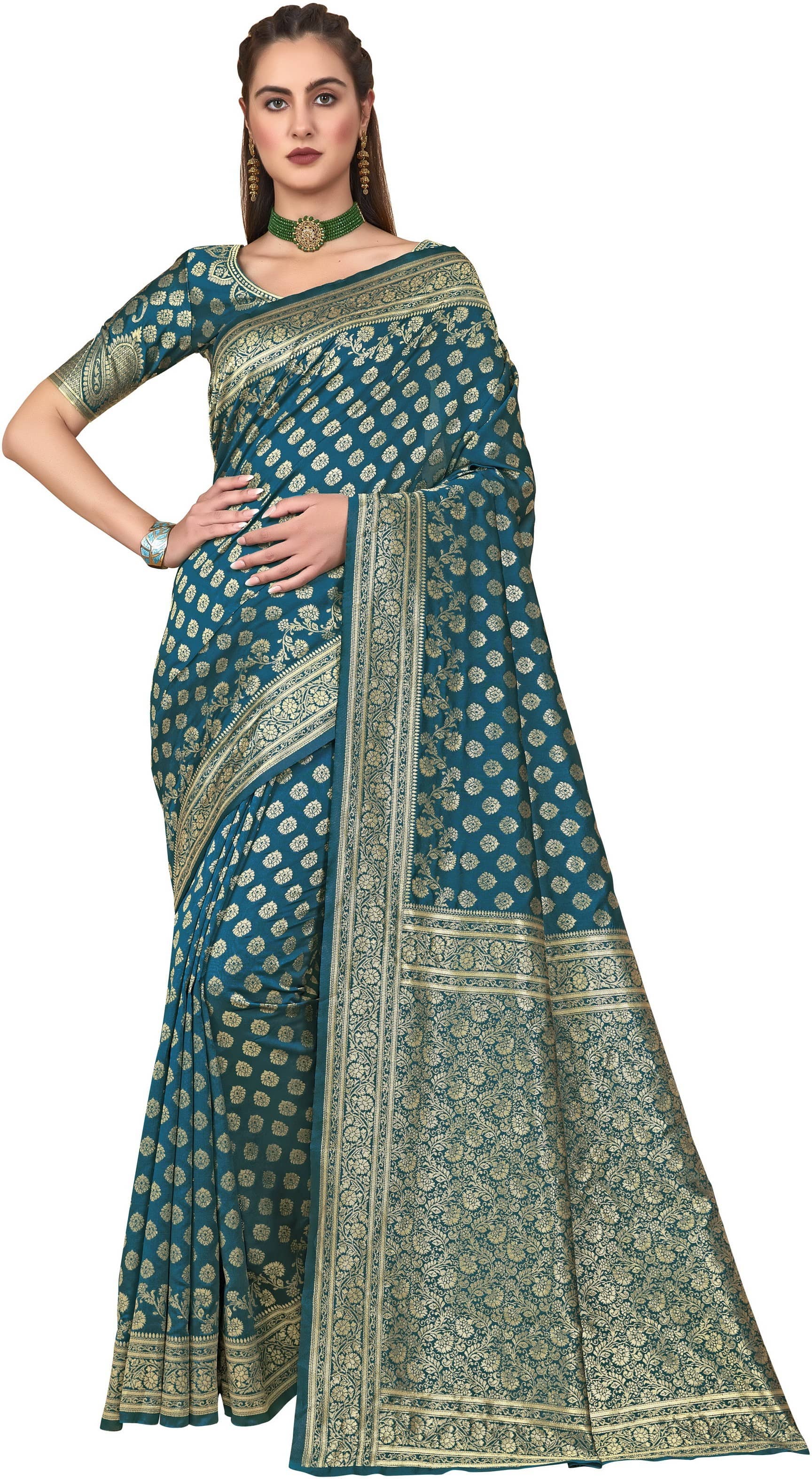 Sariya Jacquard Woven Saree With Unstitched Blouse Piece ( Blue ) - Sarees | Buy online on ZillyBuy