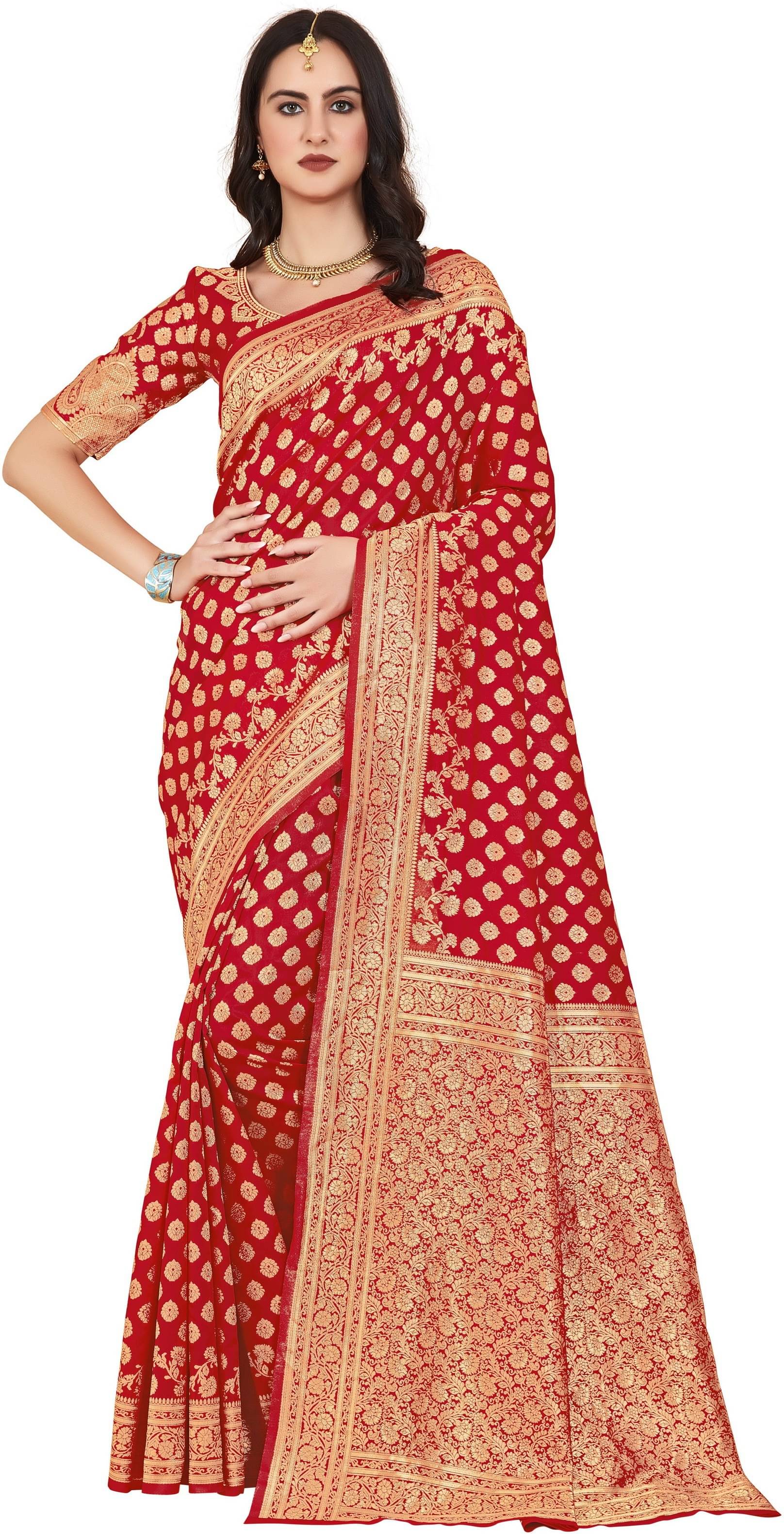     			Sariya Jacquard Woven Saree With Unstitched Blouse Piece ( Red )