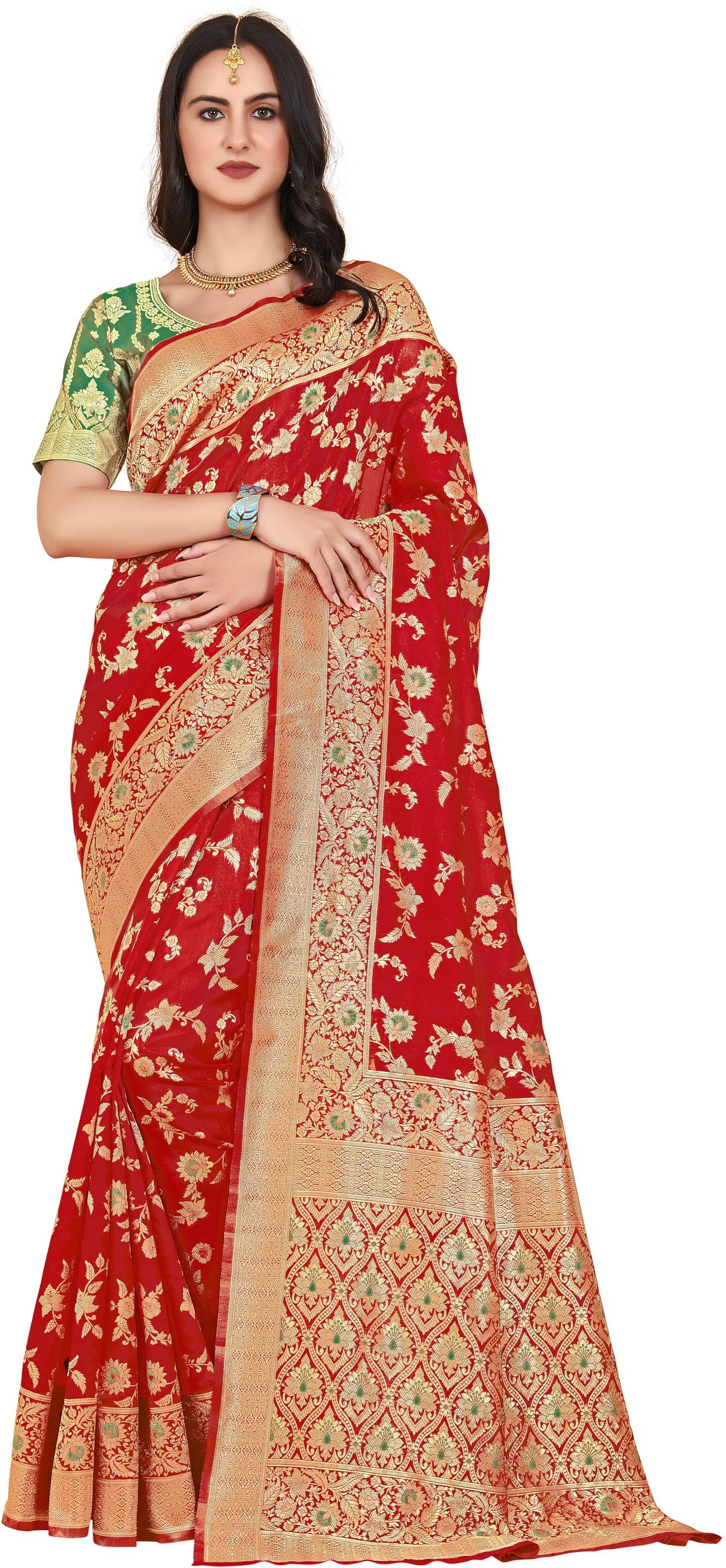     			Sariya Jacquard Woven Saree With Unstitched Blouse Piece ( Red )