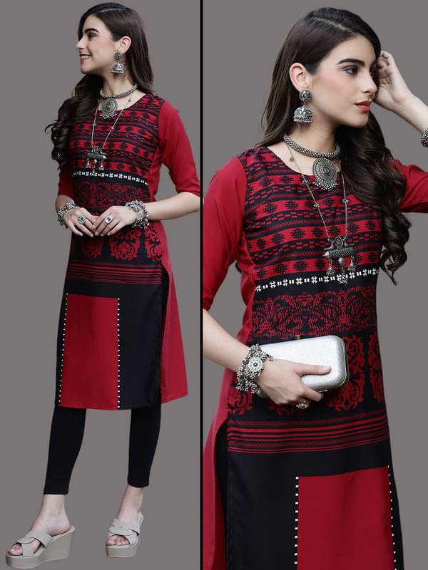 Ethnic Basket Pack of 1 Crepe Printed Nayra Women's Kurti - ( Maroon ) Ethnic Basket Pack of 1 Crepe Printed Nayra Women's Kurti - ( Maroon )