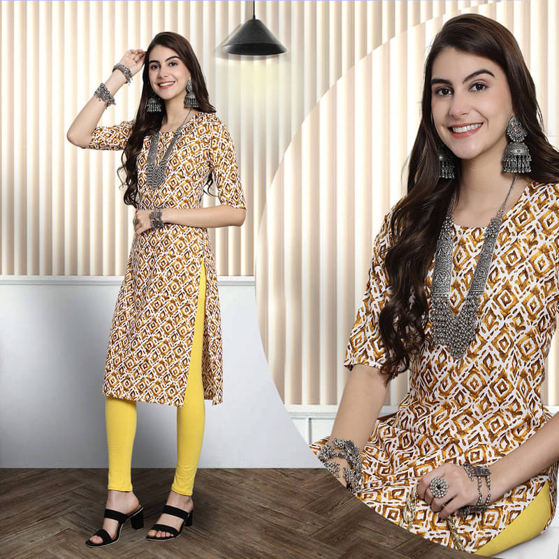 Ethnic Basket Pack of 1 Crepe Printed A-line Women's Kurti - ( Yellow ) Ethnic Basket Pack of 1 Crepe Printed A-line Women's Kurti - ( Yellow )