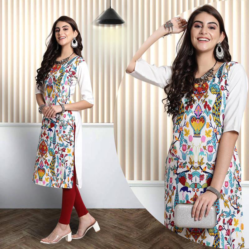 Ethnic Basket Pack of 1 Crepe Printed A-line Women's Kurti - ( Off White ) Ethnic Basket Pack of 1 Crepe Printed A-line Women's Kurti - ( Off White )