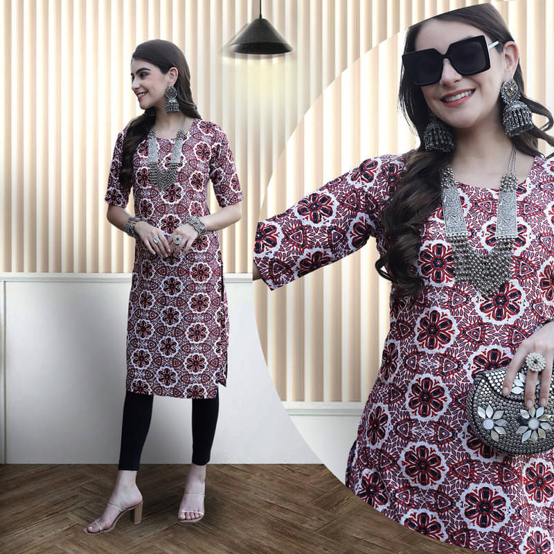 Ethnic Basket Pack of 1 Crepe Printed A-line Women's Kurti - ( Red ) Ethnic Basket Pack of 1 Crepe Printed A-line Women's Kurti - ( Red )