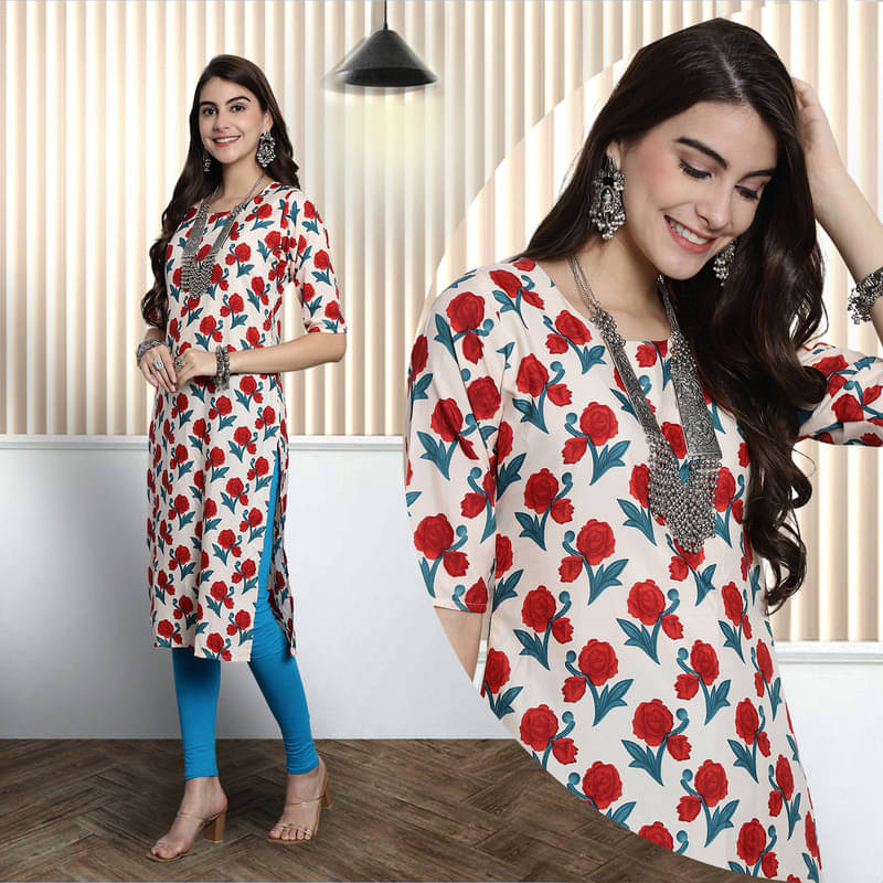 Ethnic Basket Pack of 1 Crepe Printed A-line Women's Kurti - ( Red ) Ethnic Basket Pack of 1 Crepe Printed A-line Women's Kurti - ( Red )