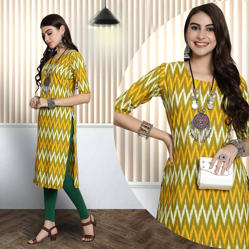     			Ethnic Basket Pack of 1 Crepe Printed A-line Women's Kurti - ( Yellow )