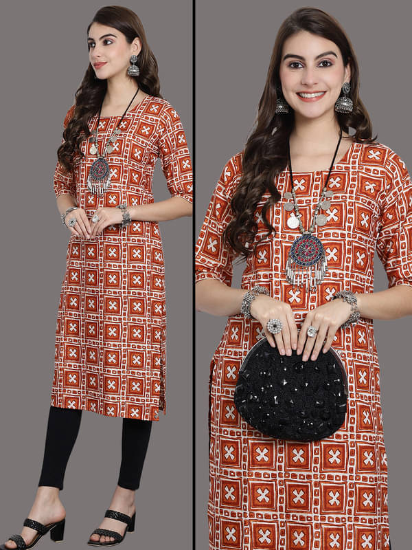 Ethnic Basket Pack of 1 Crepe Printed Nayra Women's Kurti - ( Orange )     			Ethnic Basket Pack of 1 Crepe Printed Nayra Women's Kurti - ( Orange )